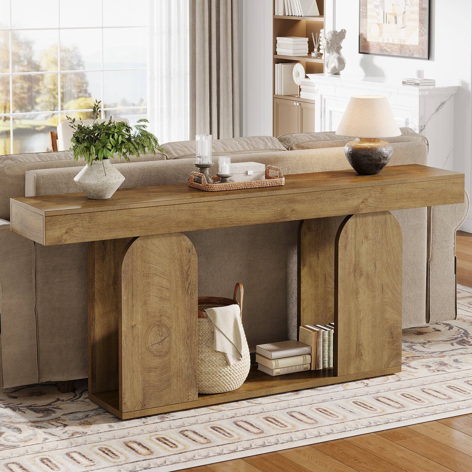 Angle. Tribesigns - Console Table with Engineered Wood Construction and Storage Shelves for Entryway, Hallway and Living Room - Light Brown.
