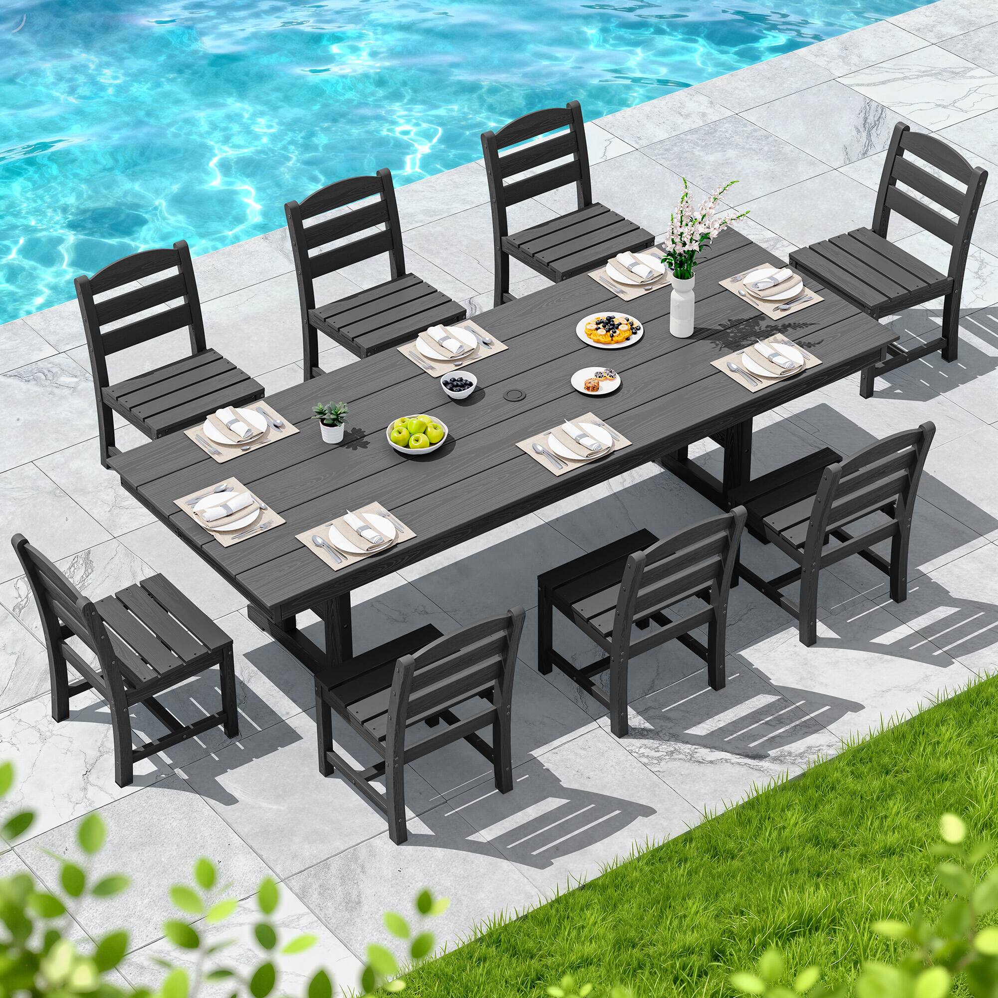 Alt View 7. SERWALL - 9 Piece 84" HDPE Outdoor Dining Set for 8 with Armless Chairs and Umbrelle Hole - Black.