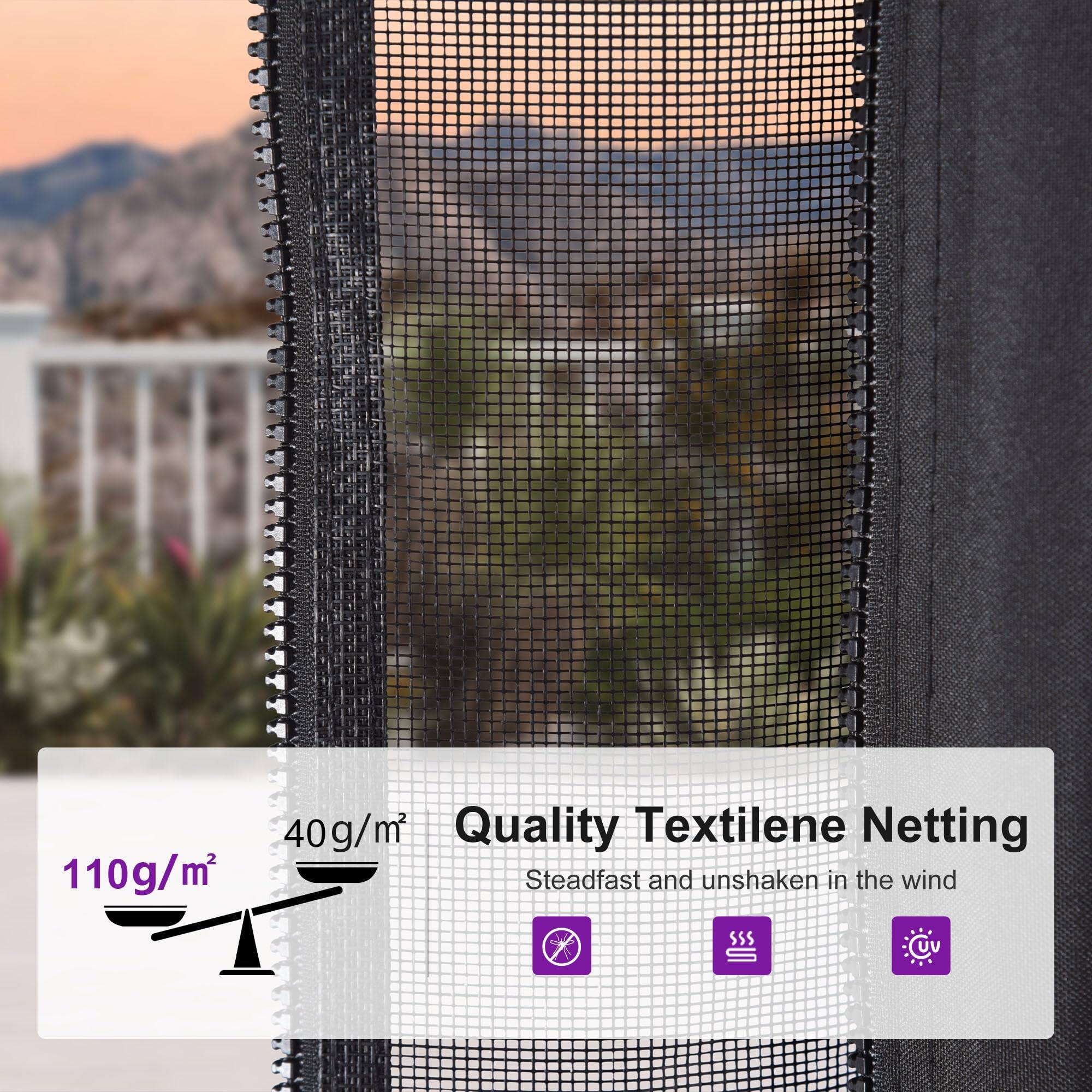 40g/m² Quality Textilene Netting  
110g/m² Steadfast and unshaken in the wind  
SSS
