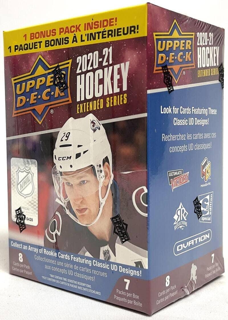 PACK INSIDE!  
1 BONUS BONIS  
L'INTÉRIEUR!  
2020-21  
1 PAQUET BONUS À L'INTÉRIEUR!  
UPPER D.E.C.K HOCKEY  
EXTENDED SERIES  

Look for Cards Featuring These Classic UD Designs!  
Recherchez les cartes avec ces concepts UD classiques!  

Collect an Array of Rookie Cards Featuring Classic UD Designs!  
Collectionnez une série de cartes recrues aux concepts UD classiques!  

8 Cards per Pack  
Cartes par Paquet  

7 Packs per Box  
Paquets par Boîte  

ULTIMATE VICTORY  
HoloGrFX  
OVATION  
Reflections Special