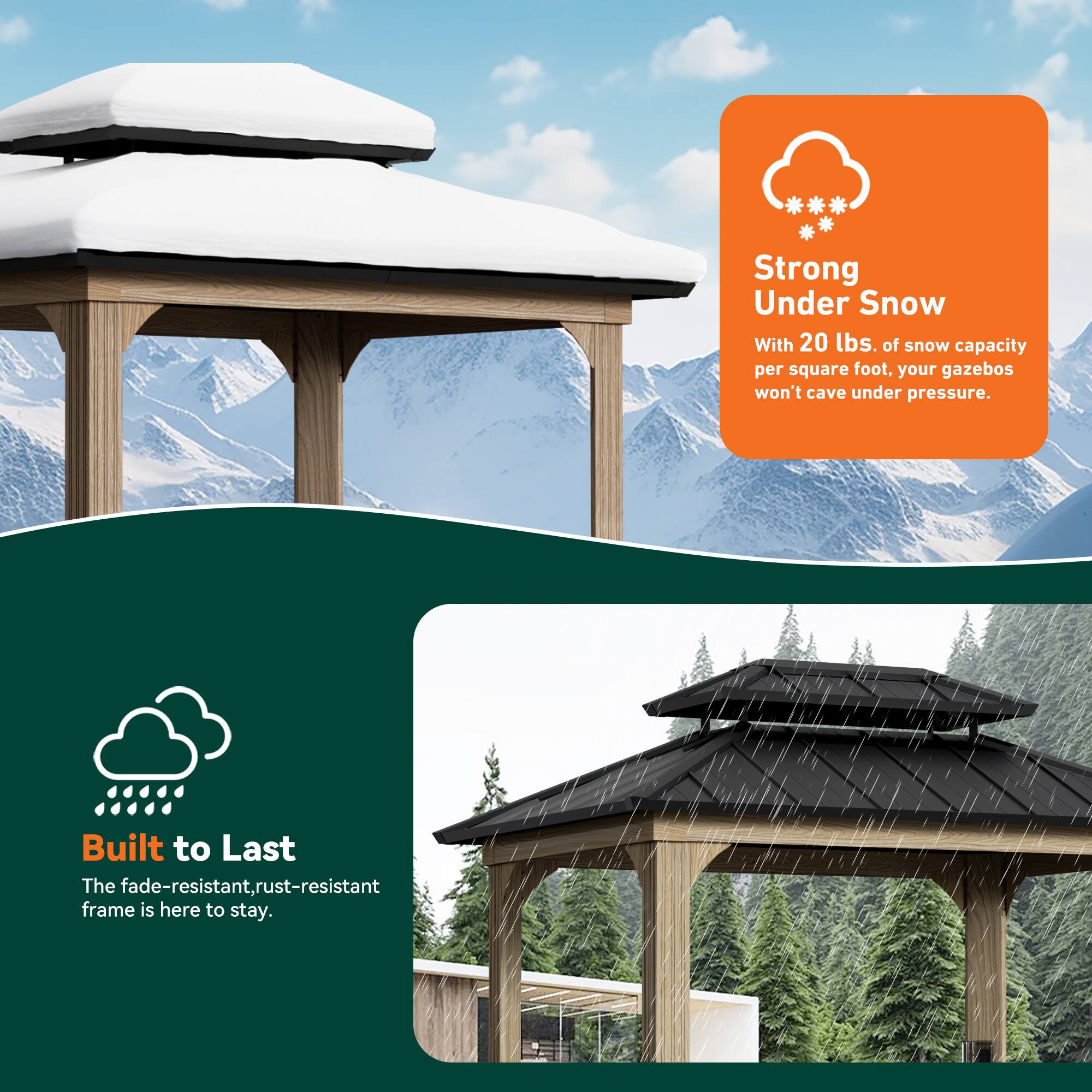**Strong Under Snow**  
With 20 lbs. of snow capacity per square foot, your gazebos won't cave under pressure.

**Built to Last**  
The fade-resistant, rust-resistant frame is here to stay.