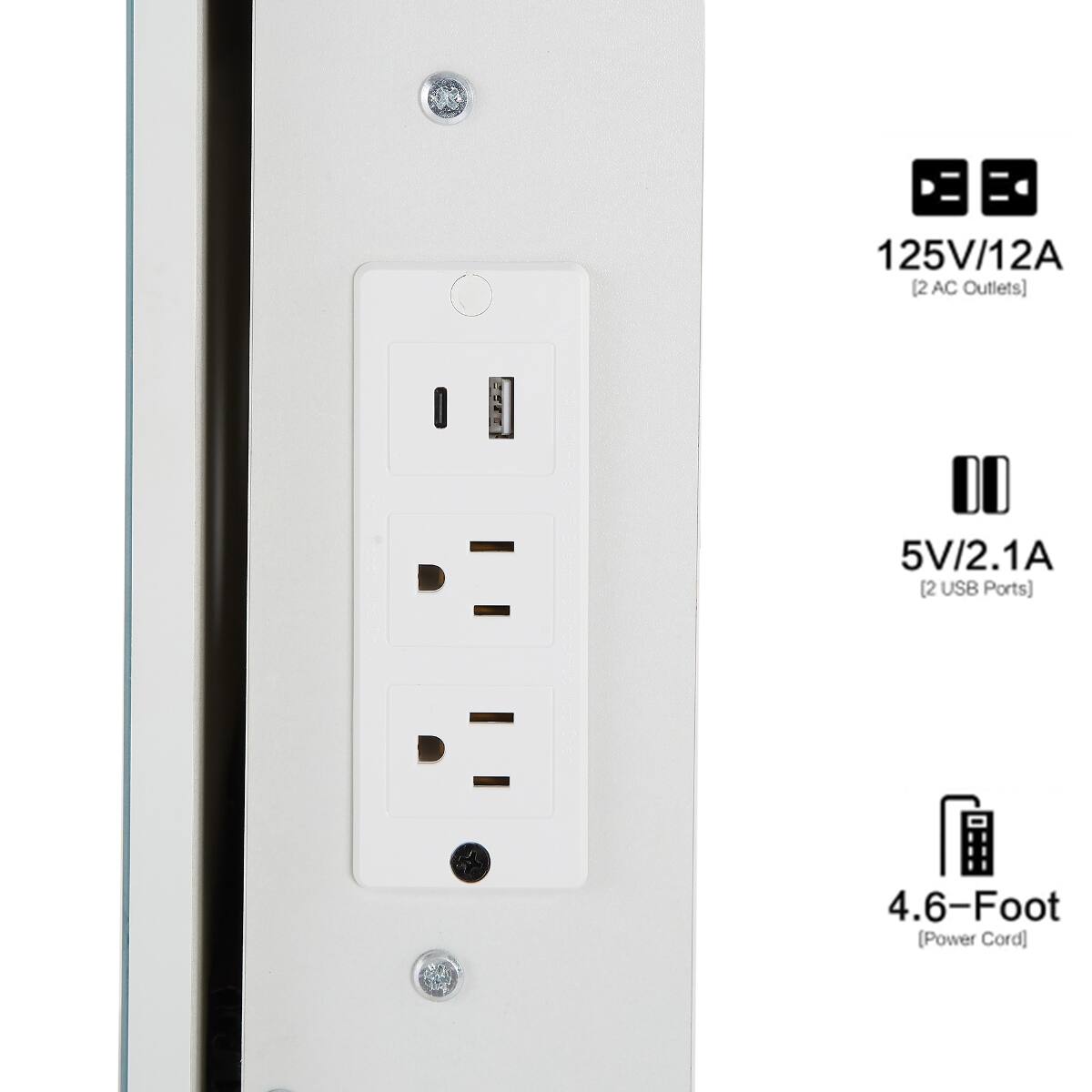 125V/12A (2 AC Outlets)  
5V/2.1A (2 USB Ports)  
4.6-Foot (Power Cord)