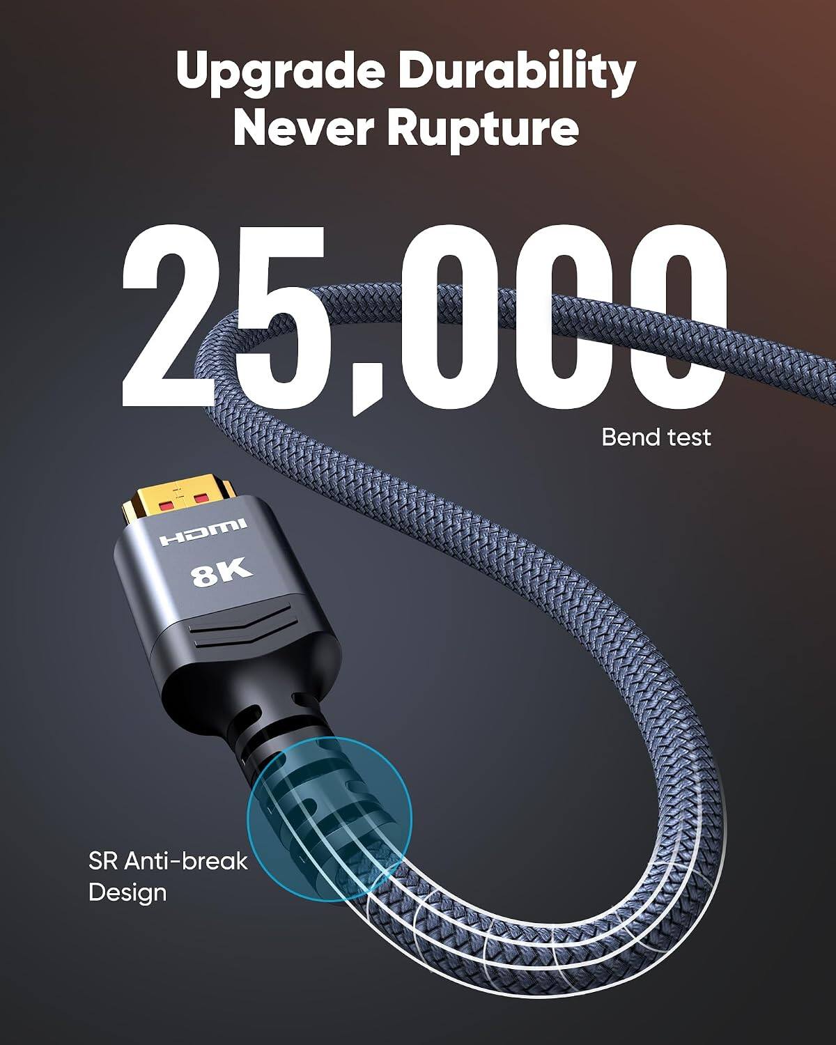 Upgrade Durability Never Rupture  
25,000 Bend test  
HDMI 8K  
SR Anti-break Design