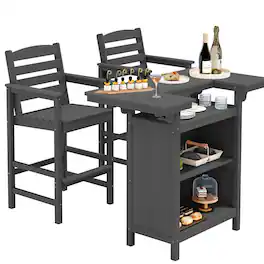 SERWALL - Bar Table Set with 2 High Bar Chairs with 4-Tier Storage,Grey - Gray