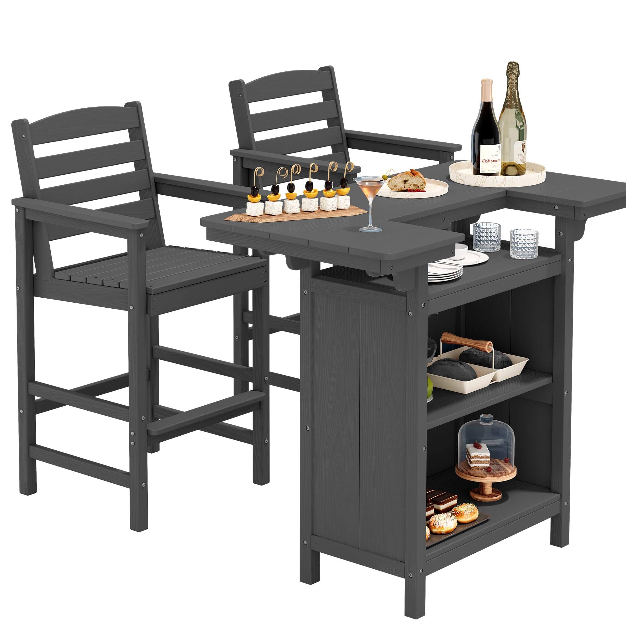Front. SERWALL - SERWALL Bar Table Set with 2 High Bar Chairs with 4-Tier Storage,Grey - grey.
