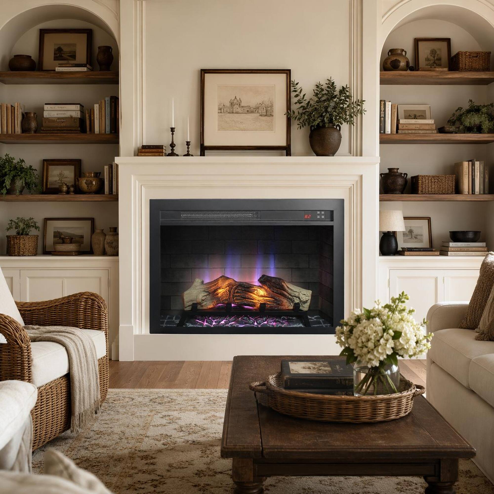 Angle. RYHNUYNE - 28 Inch Electric Fireplace Insert – Multicolored Flames with 3-Side Brick Wall Design - Antique Black.