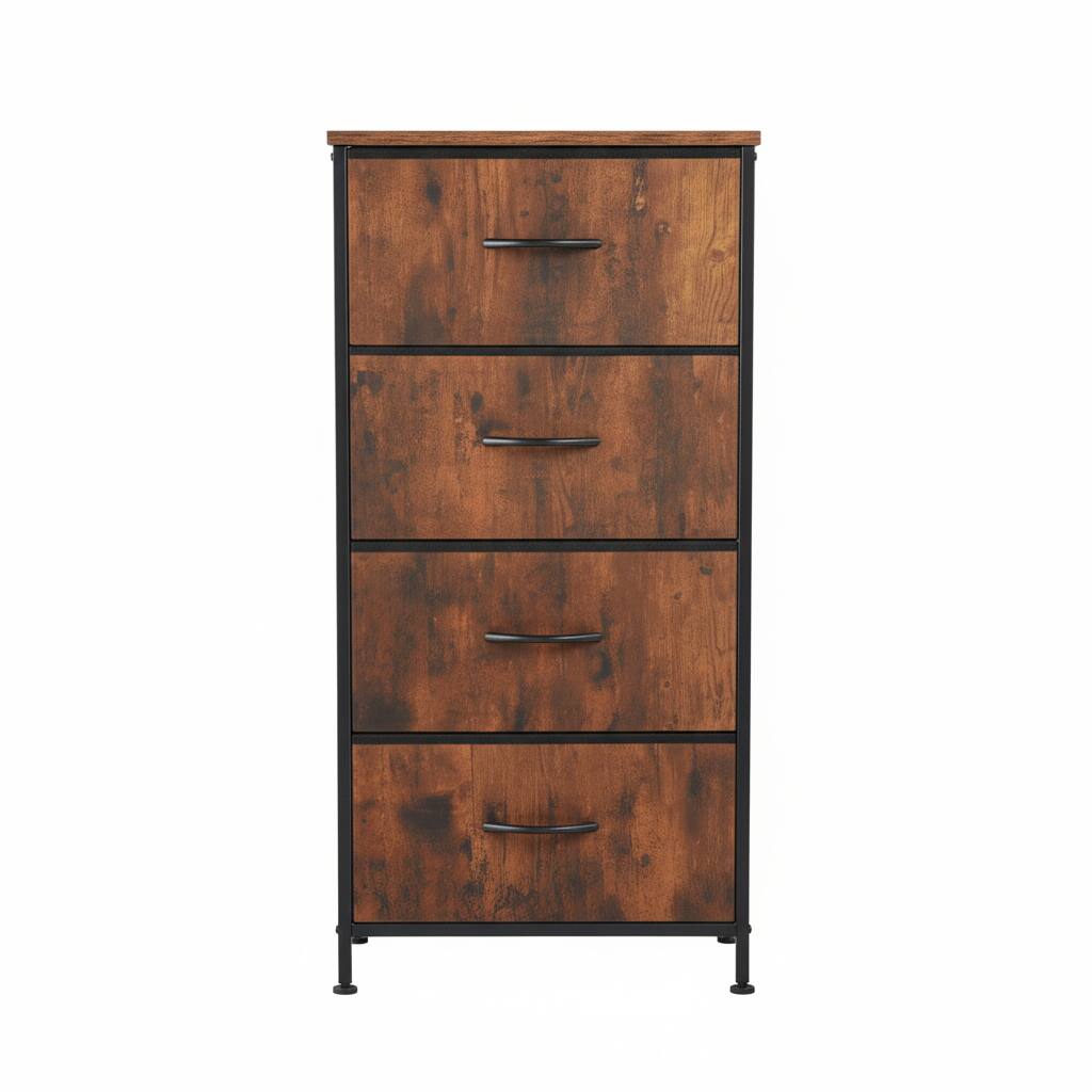Front. AOITUN - 4-Drawer Fabric Storage Dresser in Rustic Wood, Space-Saving Tall Narrow Drawers for Bedroom - Rustic.
