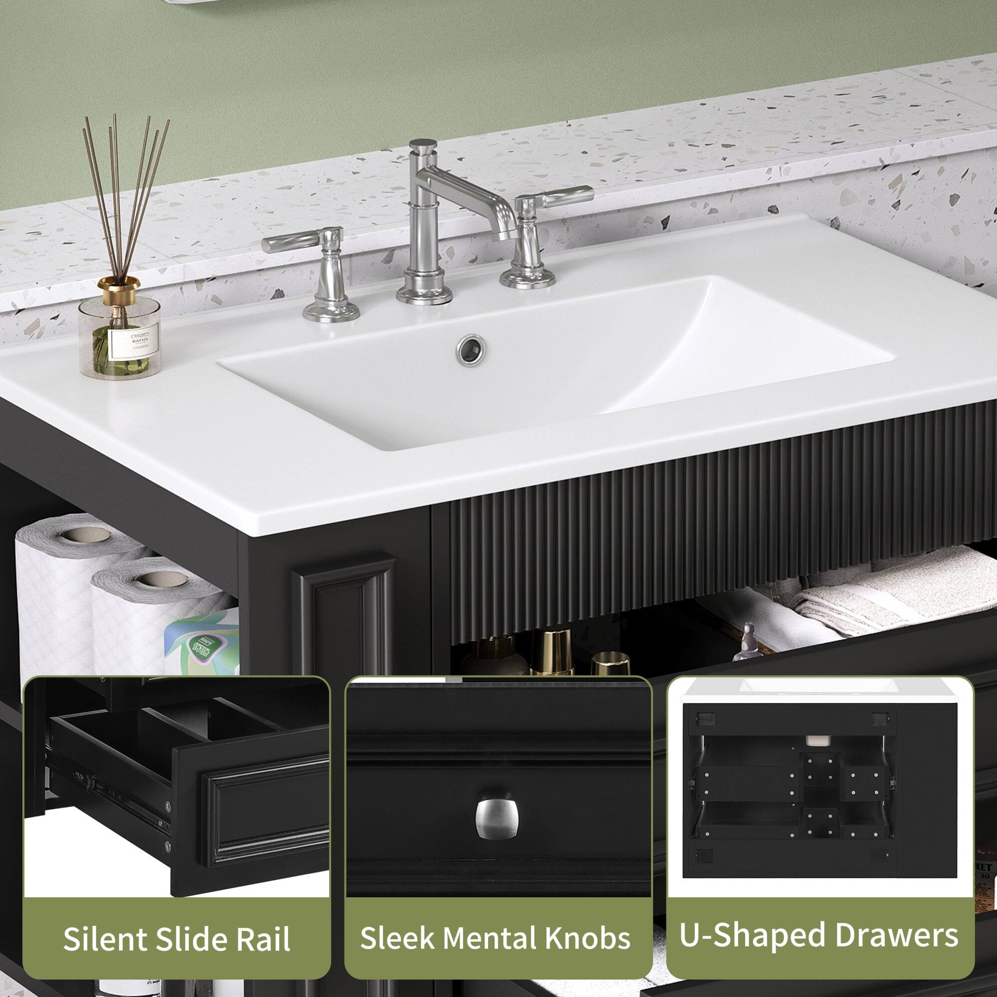 Silent Slide Rail  
Sleek Metal Knobs  
U-Shaped Drawers