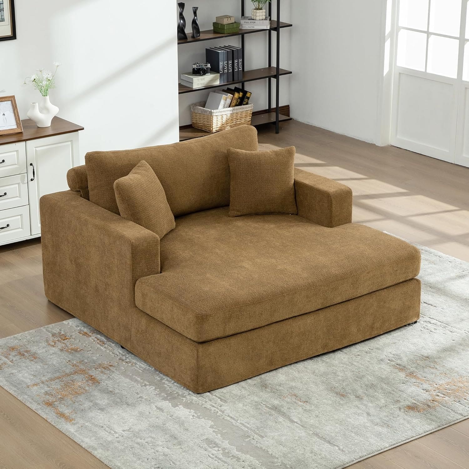Trinkets Crazed - 56" Extra Large Upholstered Sofa Bed, Oversized Fluffy Chaise Lounge Chair with Chenille Linen Fabric - Brown
