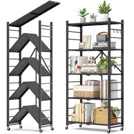 Sugift - 5-Tier Foldable Storage Shelves, Metal Storage Rack with Wheels and Hooks - Black