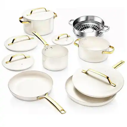 Front. Gotham Steel - Modern Collection 11 Piece Ceramic Nonstick Cookware Set - Cream.