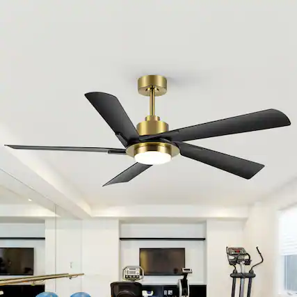 Front. Breezary - 60-Inch Indoor Ceiling Fan with 5 ABS Blades, 3-Color Light, 6-Speed DC Motor, Remote, Timer & Memory, 6"/12" Downrods - Gold and Black.