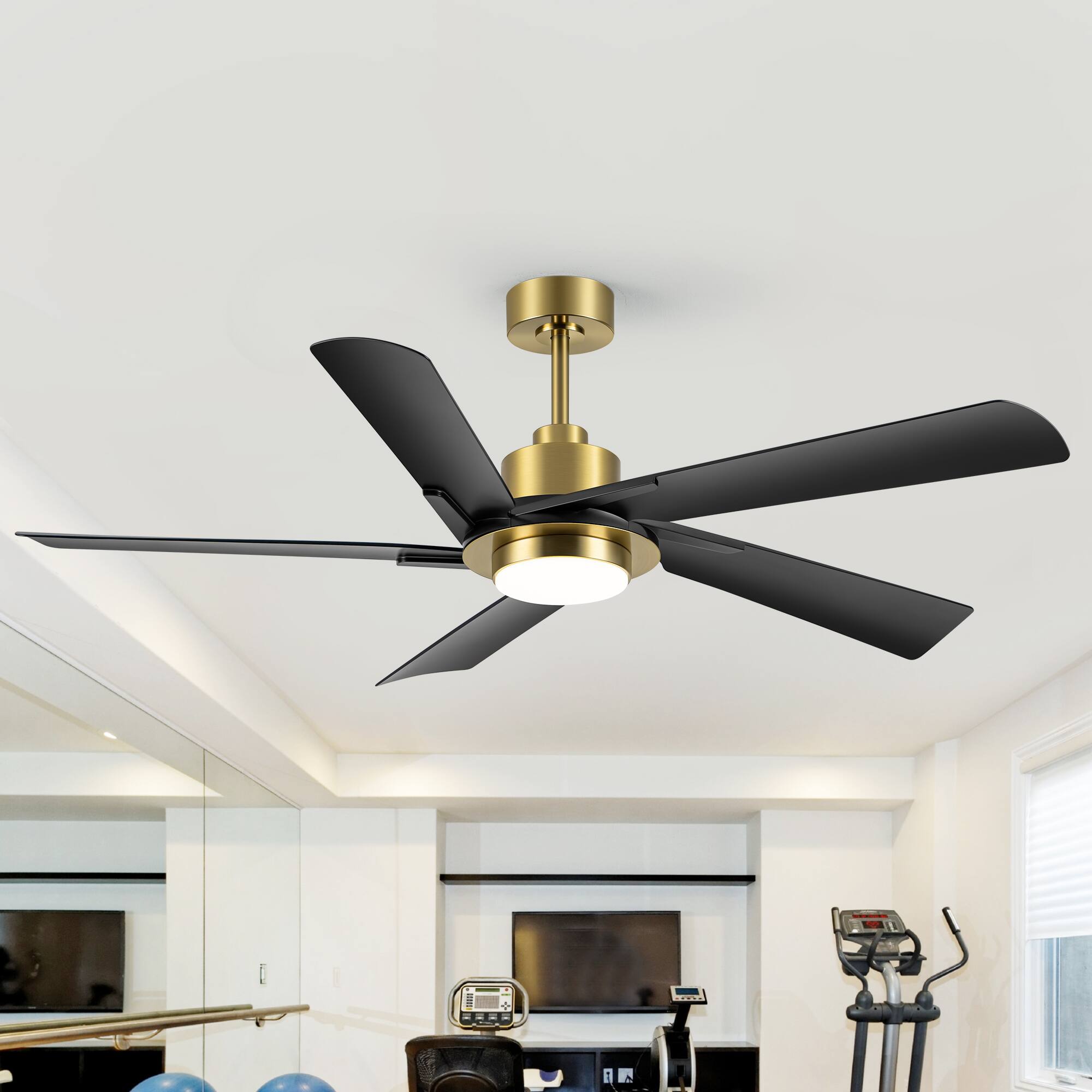 Breezary - 60-Inch Indoor Ceiling Fan with 5 ABS Blades, 3-Color Light, 6-Speed DC Motor, Remote, Timer & Memory, 6"/12" Downrods - Gold and Black