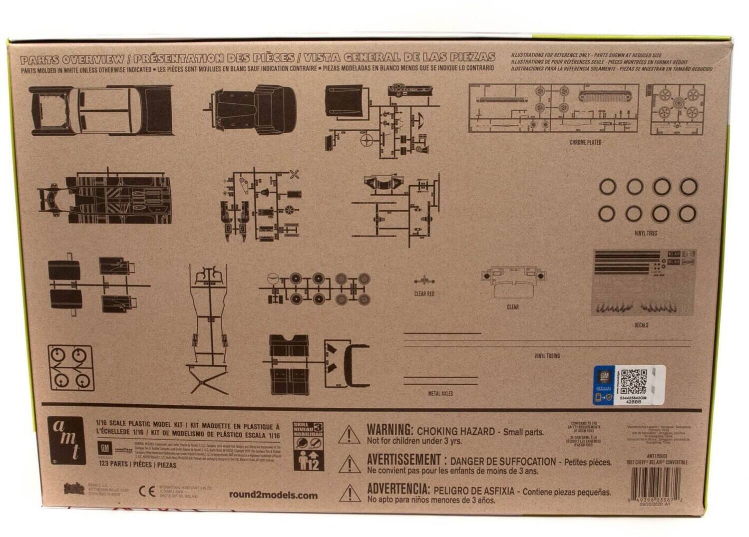 **Parts Overview / Présentation des pièces / Vista general de las piezas**

- Parts molded in white unless otherwise indicated - Les pièces sont moulées en blanc sauf indication contraire - Piezas modeladas en blanco menos que se indique lo contrario
- Illustrations for reference only - parts shown at reduced size - Ilustraciones para la referencia solamente - pièces se muestran en tamaño reducido

**1/16 Scale Plastic Model Kit / Kit Maquette en plastique à l'échelle 1/16 / Kit de modelismo de plástico escala 1/16**

- 123 parts / pièces / piezas

**Chrome Plated**
- Vinyl Tires
- Clear Red
- Vinyl Tubing
- Metal Axles
- Clear
- Decals

**Warning: Choking Hazard - Small parts. Not for children under 3 yrs.**
- Avertissement: Danger de suffocation - Petites pièces. Ne convient pas pour les enfants de moins de 3 ans.
- Advertencia: Peligro de asfixia - Contiene piezas pequeñas. No apto para niños menores de 3