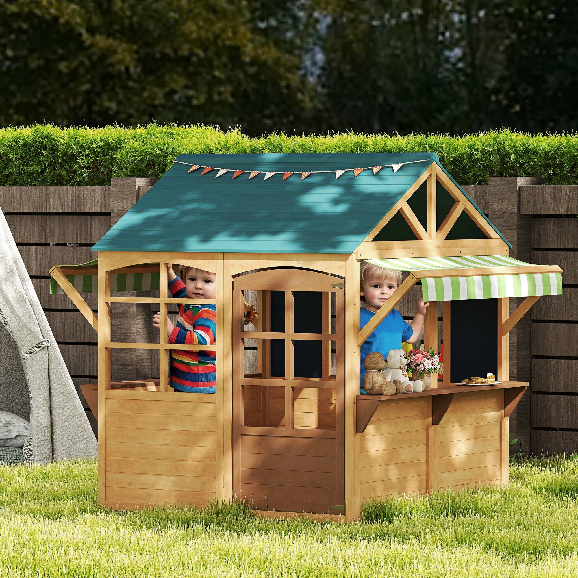 Angle. Qaba - Foldable Outdoor Playhouse, Wooden , Windows, Working Door, Snack Bars, Waterproof Covers, Kids 3-8 Years.