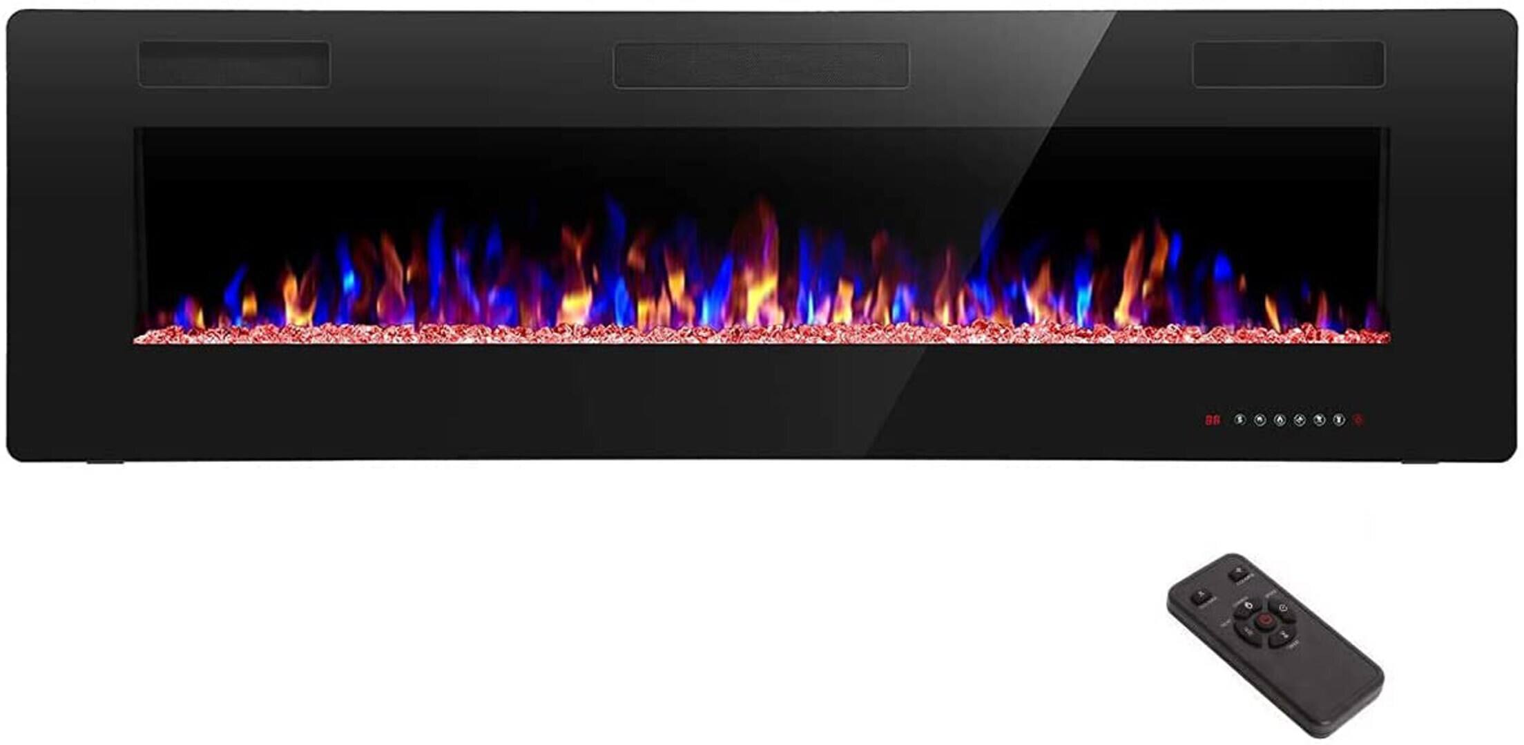 Edendirect - 68 in. Recessed and Wall Mounted Electric Fireplace, Remote Control, Adjustable Flame Color and Speed - Black