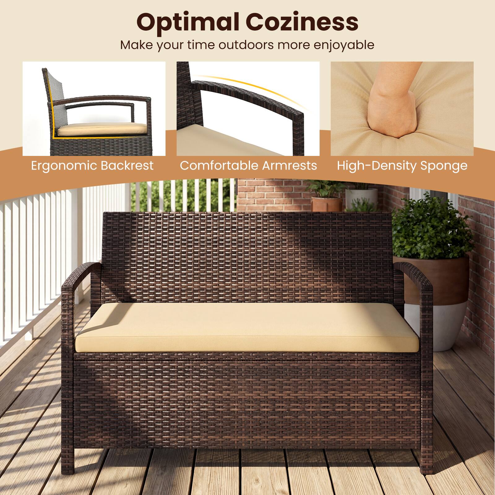 Optimal Coziness  
Make your time outdoors more enjoyable  

Ergonomic Backrest  
Comfortable Armrests  
High-Density Sponge