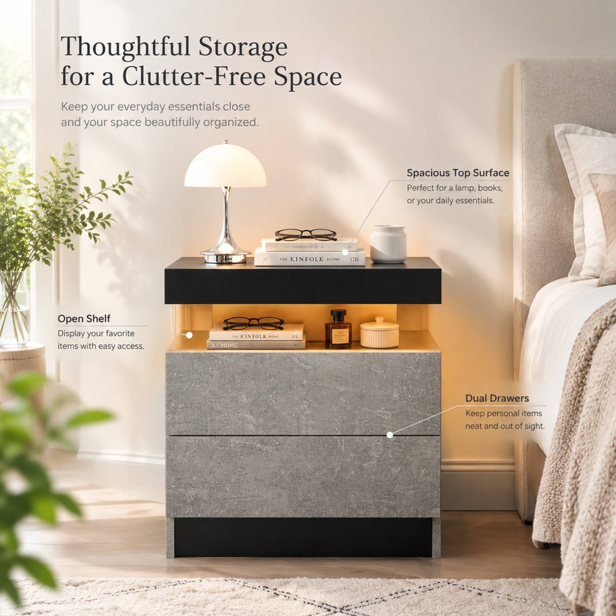 Thoughtful Storage for a Clutter-Free Space  
Keep your everyday essentials close and your space beautifully organized.

Spacious Top Surface  
Perfect for a lamp, books, or your daily essentials.

Open Shelf  
Display your favorite items with easy access.

Dual Drawers  
Keep personal items neat and out of sight.