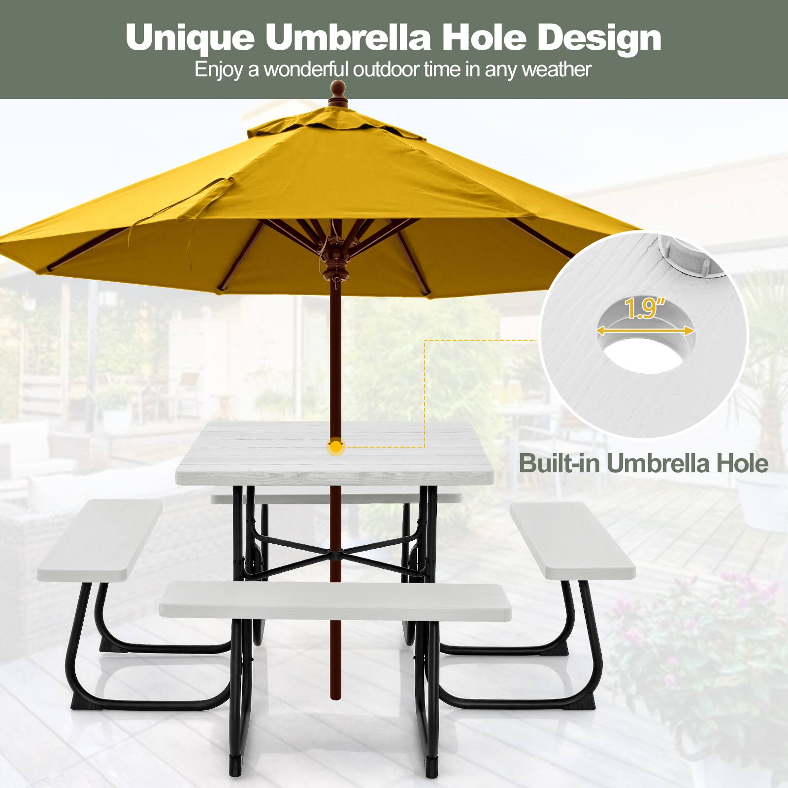 Unique Umbrella Hole Design  
Enjoy a wonderful outdoor time in any weather  

1.9" Built-in Umbrella Hole