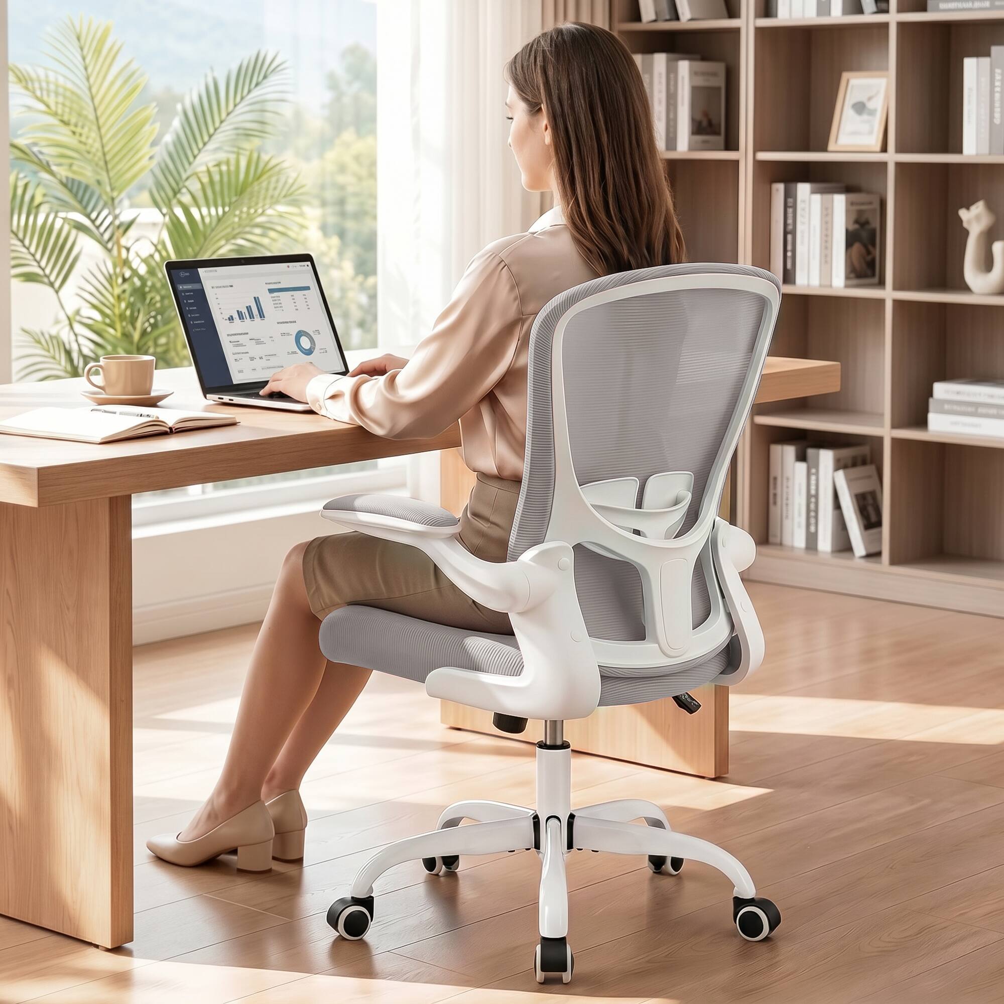 Alt View 5. KERDOM - Ergonomic Desk Chair, Swivel Computer Chair with Flip-up Arms, Adjustable Lumbar Support & Height, Breathable Mesh, Tilt - Light Grey.