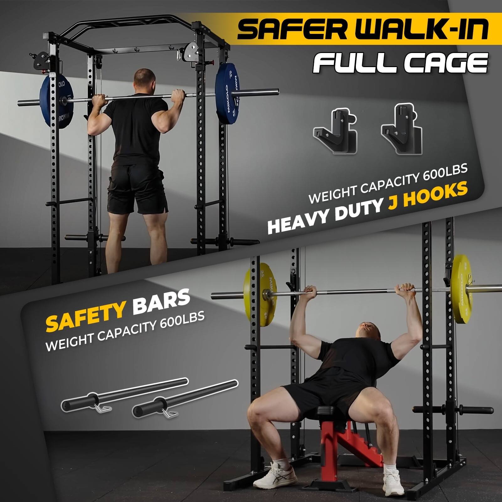 3.0 SAFER WALK-IN FULL CAGE, 600LBS WEIGHT CAPACITY, HEAVY DUTY J HOOKS, SAFETY BARS, 600LBS WEIGHT CAPACITY