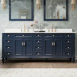 WELLFOR - ARTWOOD 84 in. Solid Wood Bath Vanity with Quartz Top, Double Sink, Soft Close, Assembled - Navy Blue