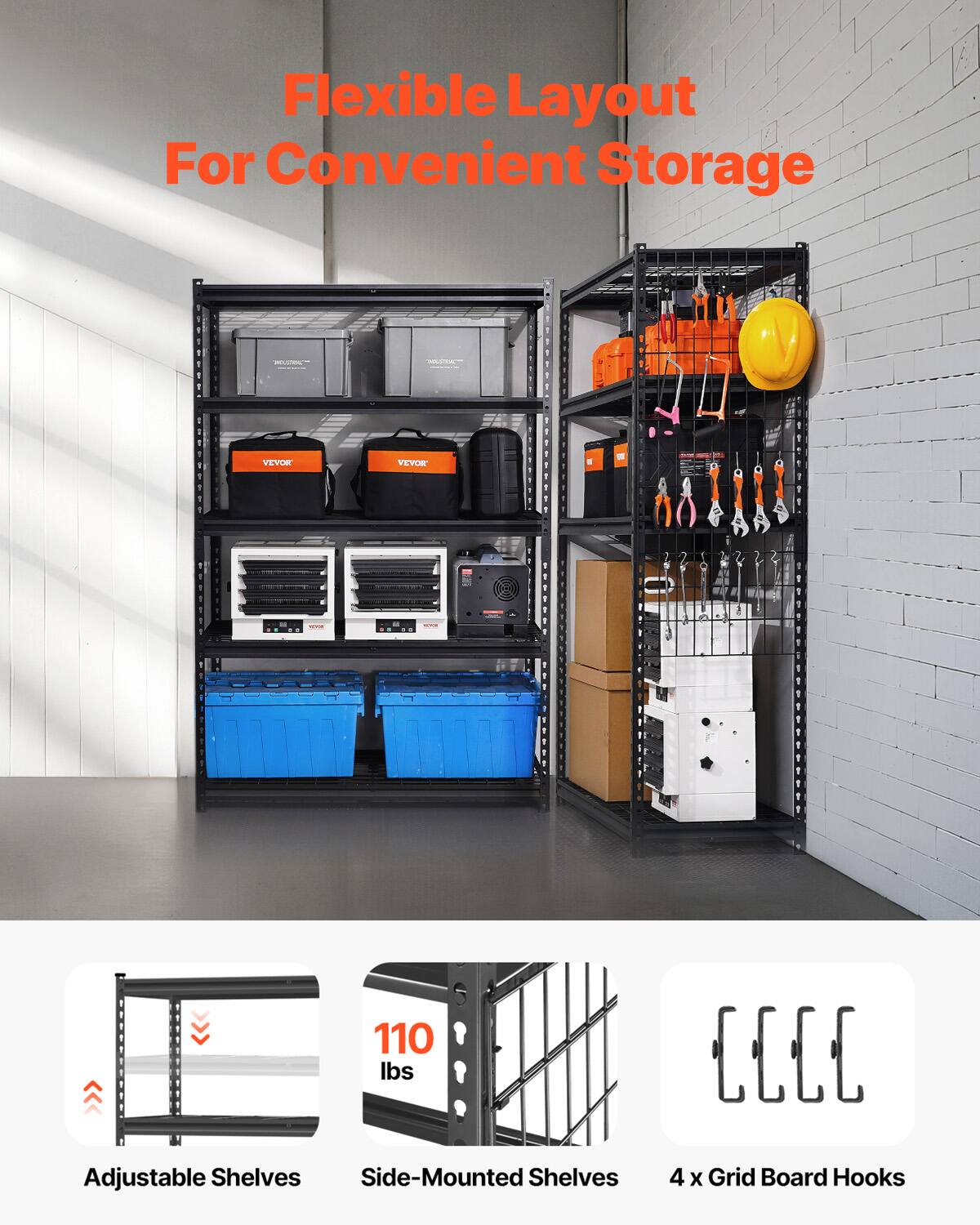 Flexible Layout For Convenient Storage | 110 lbs | Adjustable Shelves | Side-Mounted Shelves | 4 x Grid Board Hooks