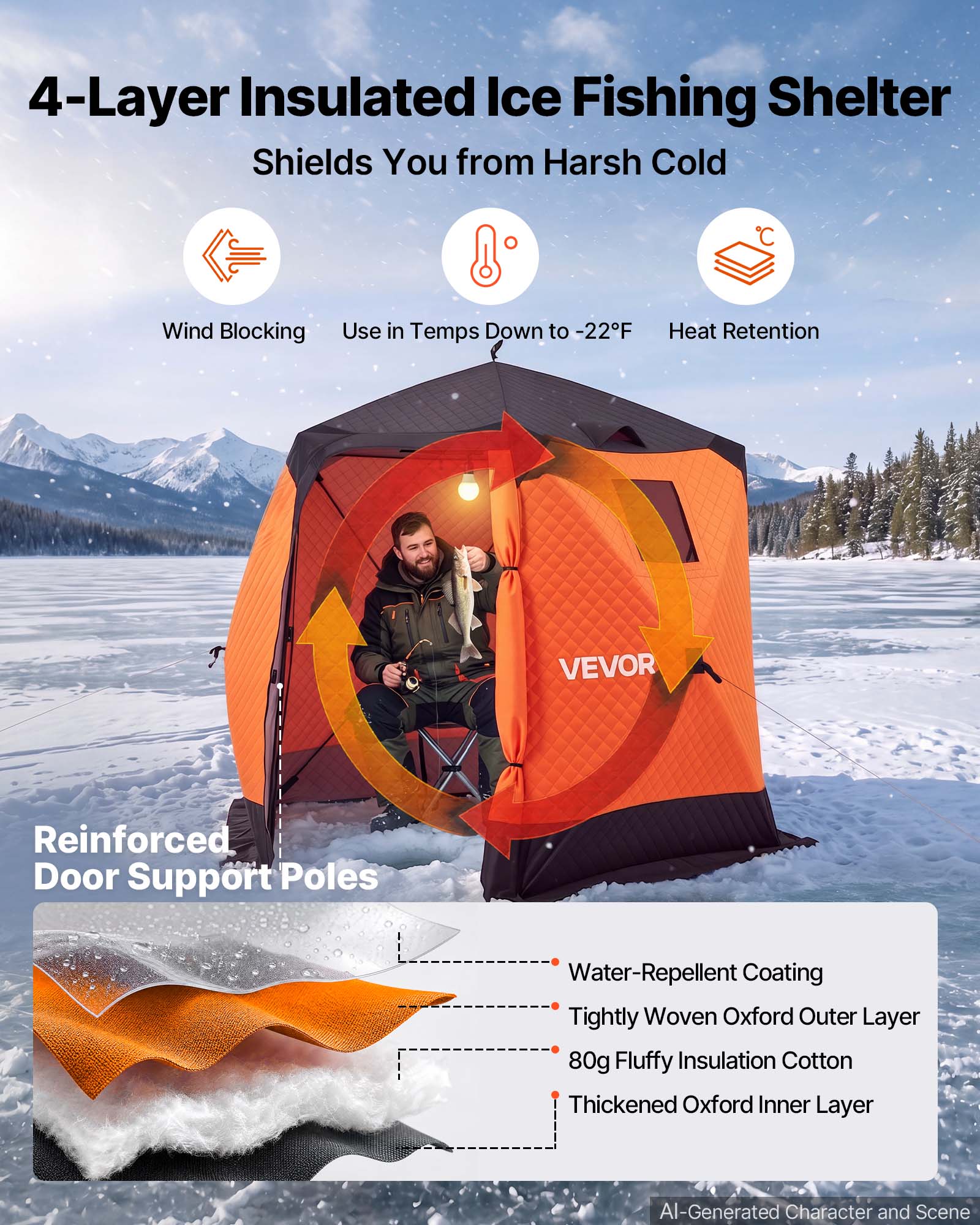4-Layer Insulated Ice Fishing Shelter Shields You from Harsh Cold

Wind Blocking
Use in Temps Down to -22°F
Heat Retention

VEVOR

Reinforced Door Support Poles

Water-Repellent Coating
Tightly Woven Oxford Outer Layer
80g Fluffy Insulation Cotton
Thickened Oxford Inner Layer

AI-Generated Character and Scene