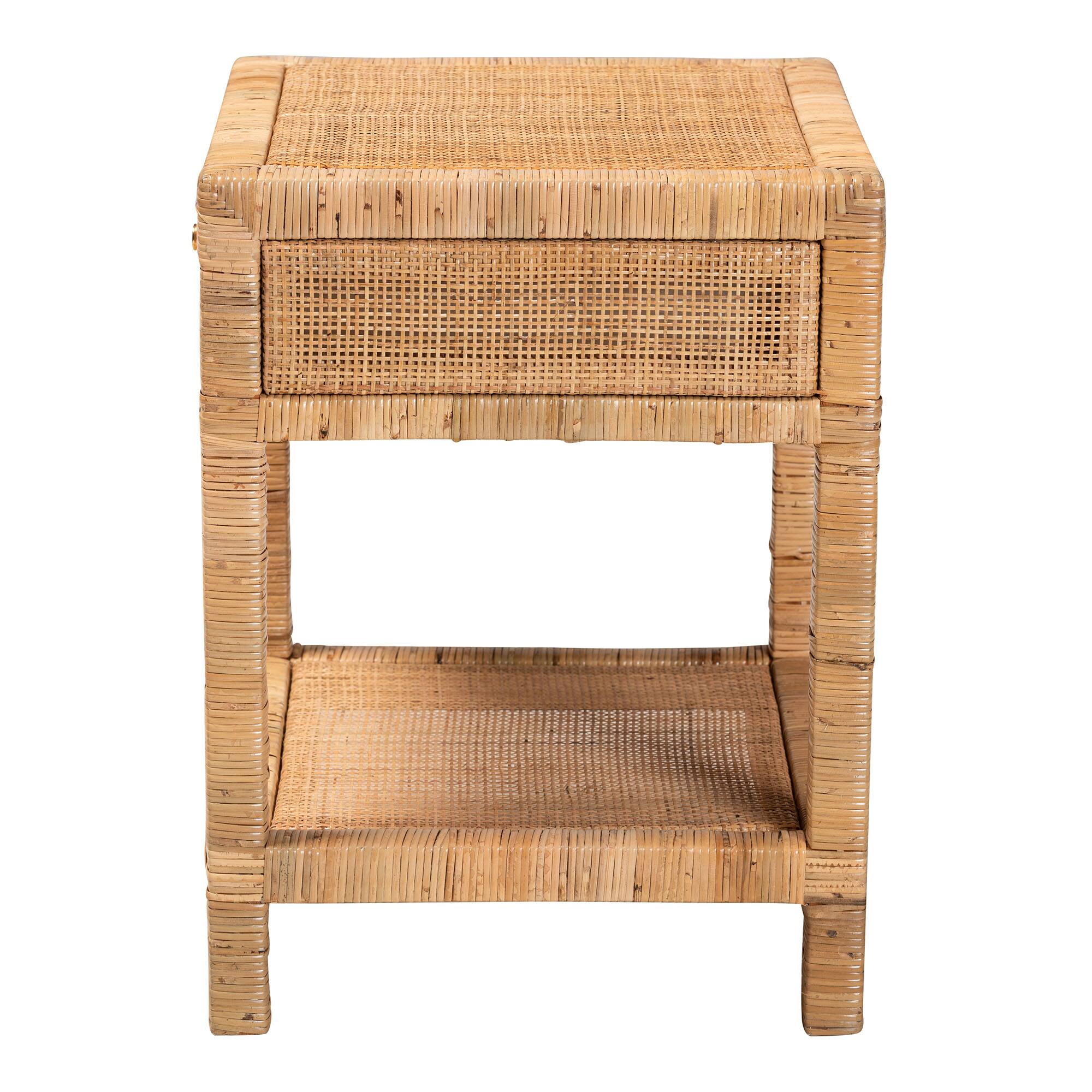 Back. bali & pari - Adelia Modern Bohemian Natural Rattan and Mahogany Wood 1-Drawer Nightstand - Natural Brown.