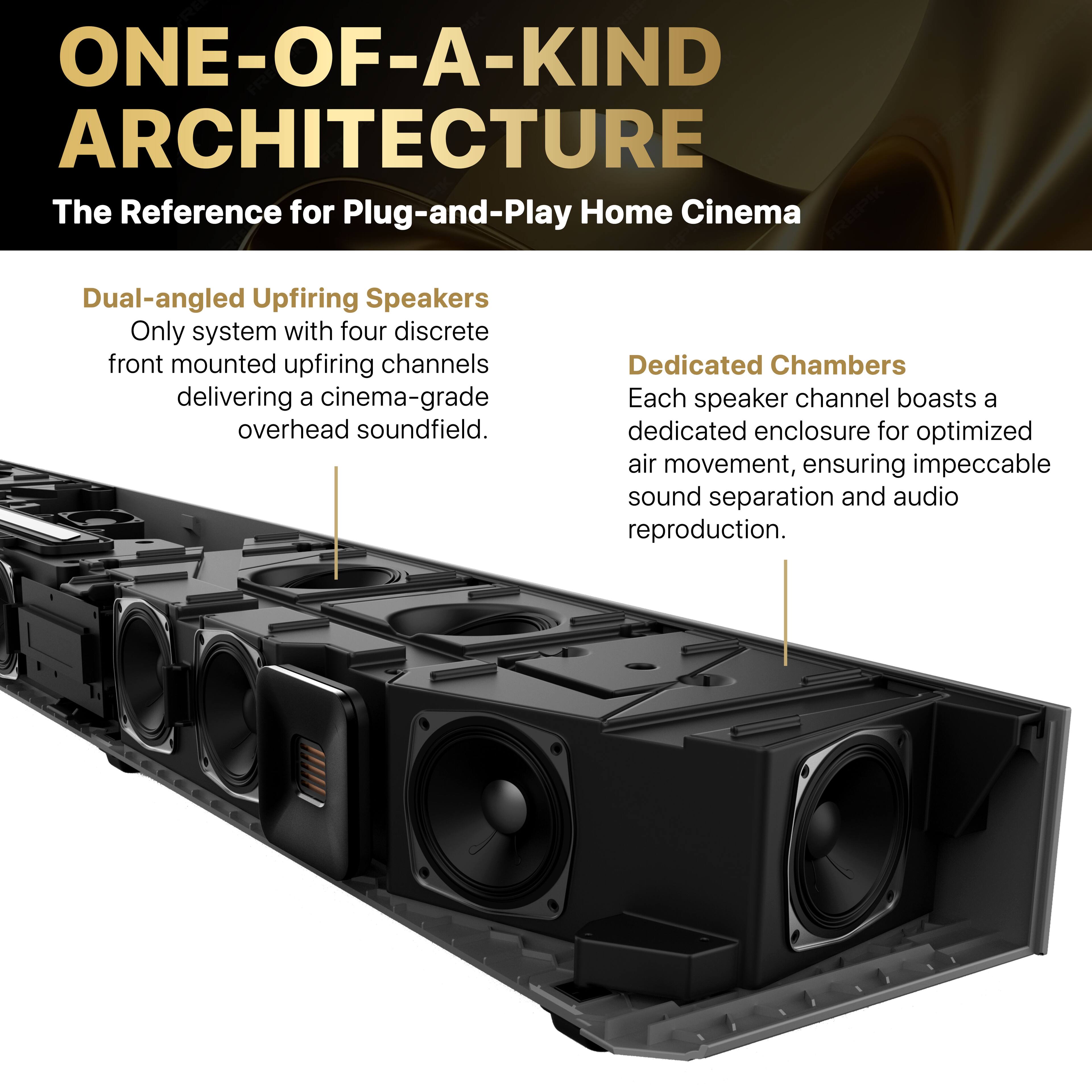 ONE-OF-A-KIND ARCHITECTURE  
The Reference for Plug-and-Play Home Cinema

Dual-angled Upfiring Speakers  
Only system with four discrete front mounted upfiring channels delivering a cinema-grade overhead soundfield.

Dedicated Chambers  
Each speaker channel boasts a dedicated enclosure for optimized air movement, ensuring impeccable sound separation and audio reproduction.