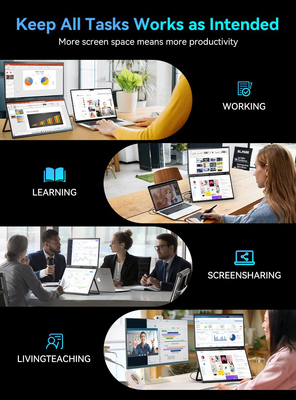 Keep All Tasks Works as Intended  
More screen space means more productivity

WORKING  
LEARNING  
SCREENSHARING  
LIVINGTEACHING