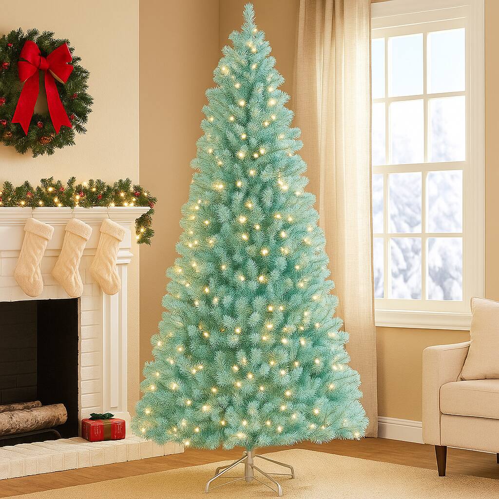 Angle. BreeBe - Artificial Blue Tree with Warm LED Lights – 6ft or 7ft with Metal Base - Blue.