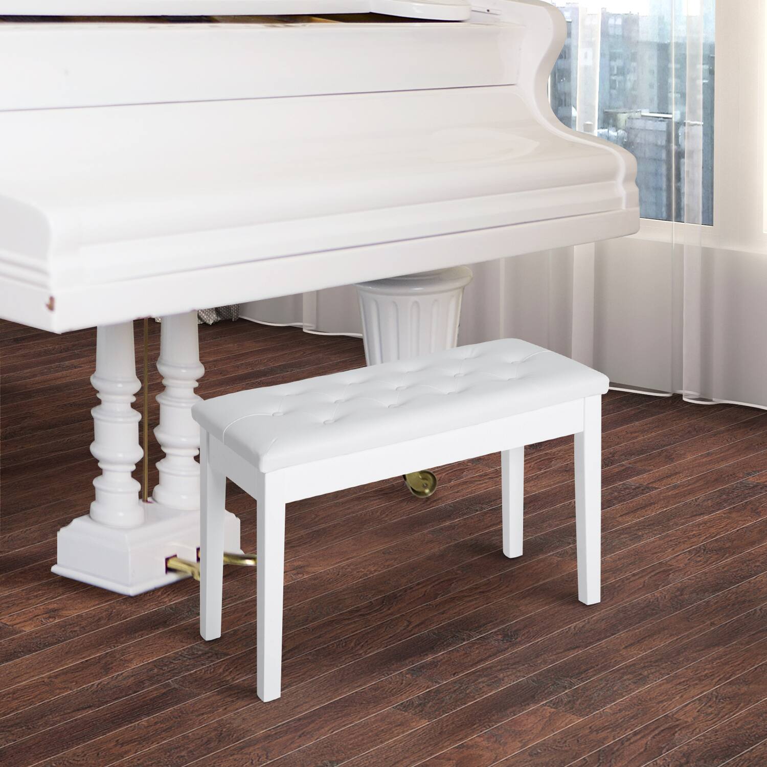 Alt View 3. Homcom - Piano Bench, Duet Piano Chair with Faux Leather Padded Cushion and Wooden Frame, Button Tufted Keyboard Bench - Country White.