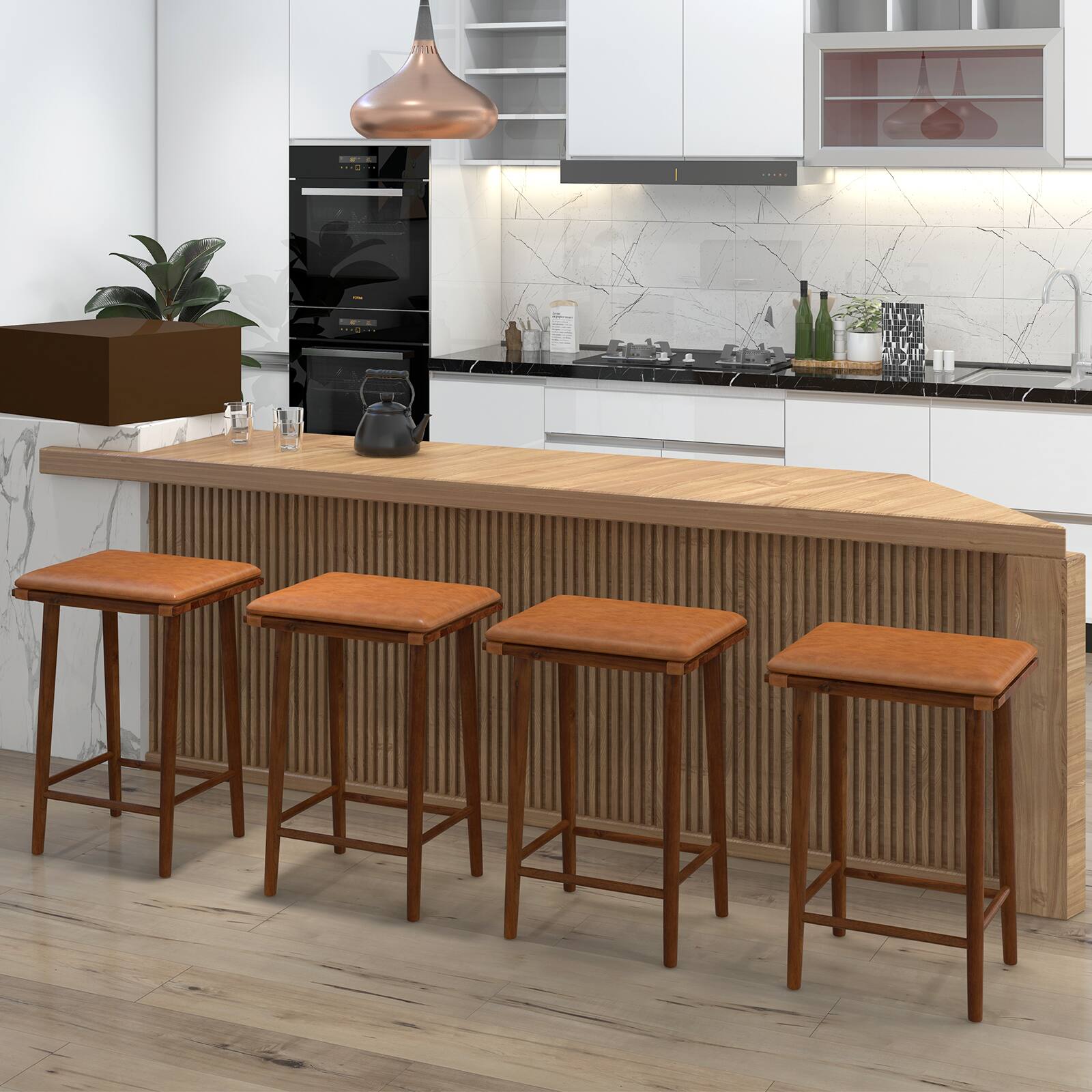 The image does not contain any visible text to group or correct. It shows a modern kitchen with a wooden island, bar stools, and various kitchen appliances.