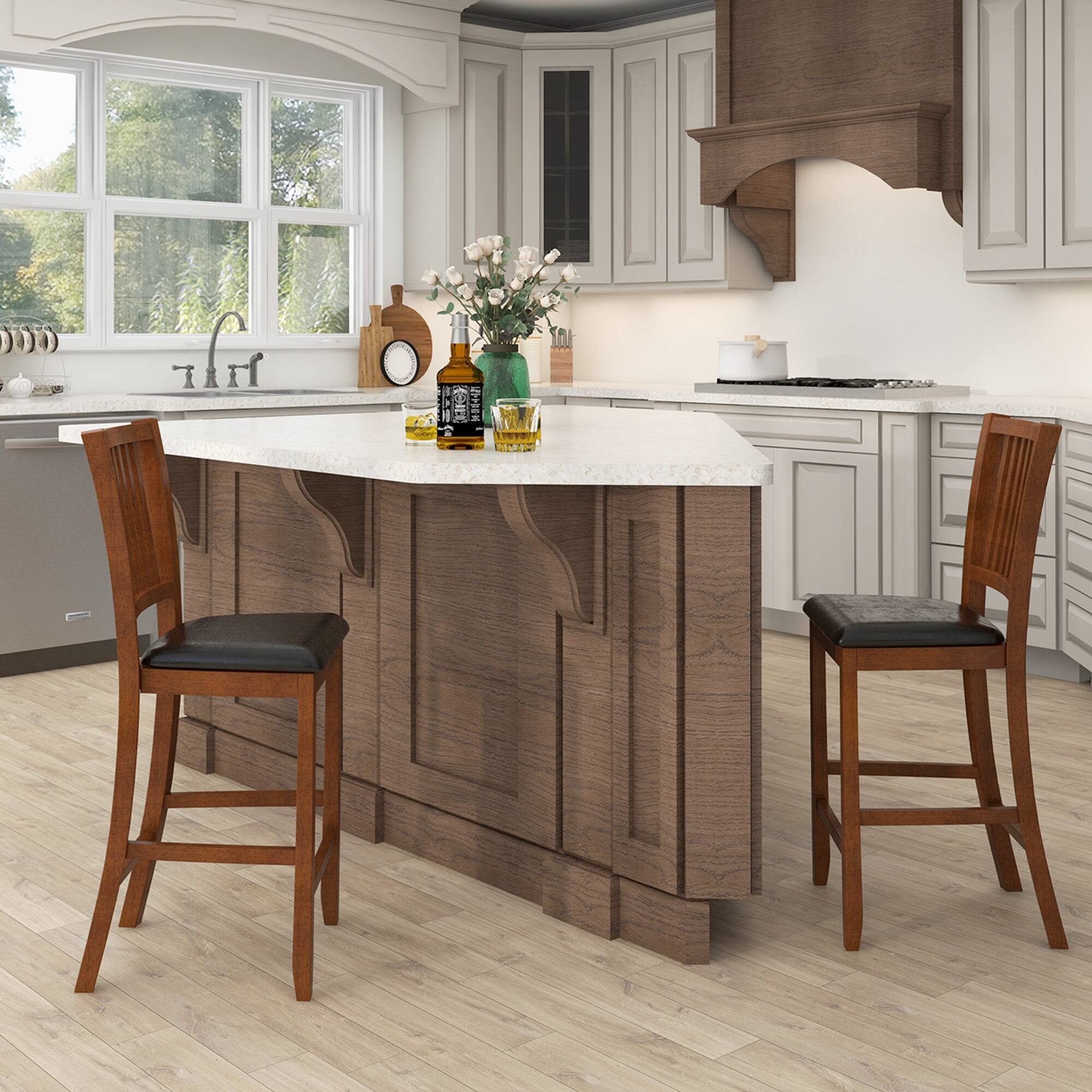 Angle. Costway - 2-Piece 25.5" Bar Chair Set with Backrest Padded Seat Footrest Rubber Wood Frame - Walnut + Black.