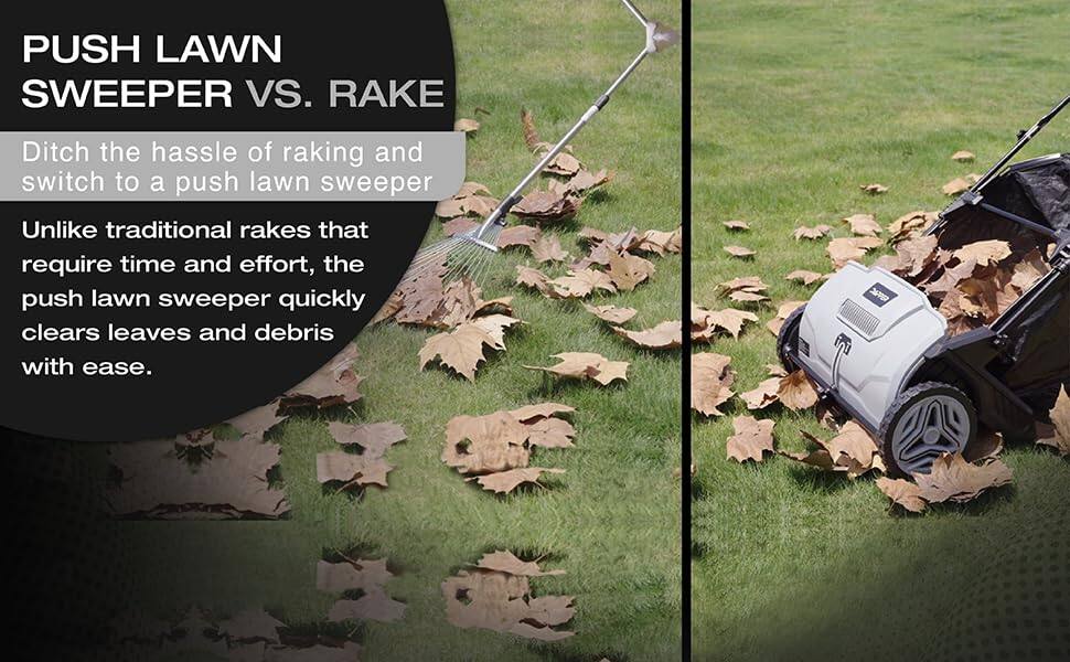 PUSH LAWN SWEEPER VS. RAKE

Ditch the hassle of raking and switch to a push lawn sweeper. Unlike traditional rakes that require time and effort, the push lawn sweeper quickly clears leaves and debris with ease.