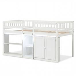 Costway - Low Loft Bed with LED Light, Stairs & Guardrails, Modern Wood Kids Twin Bed - White