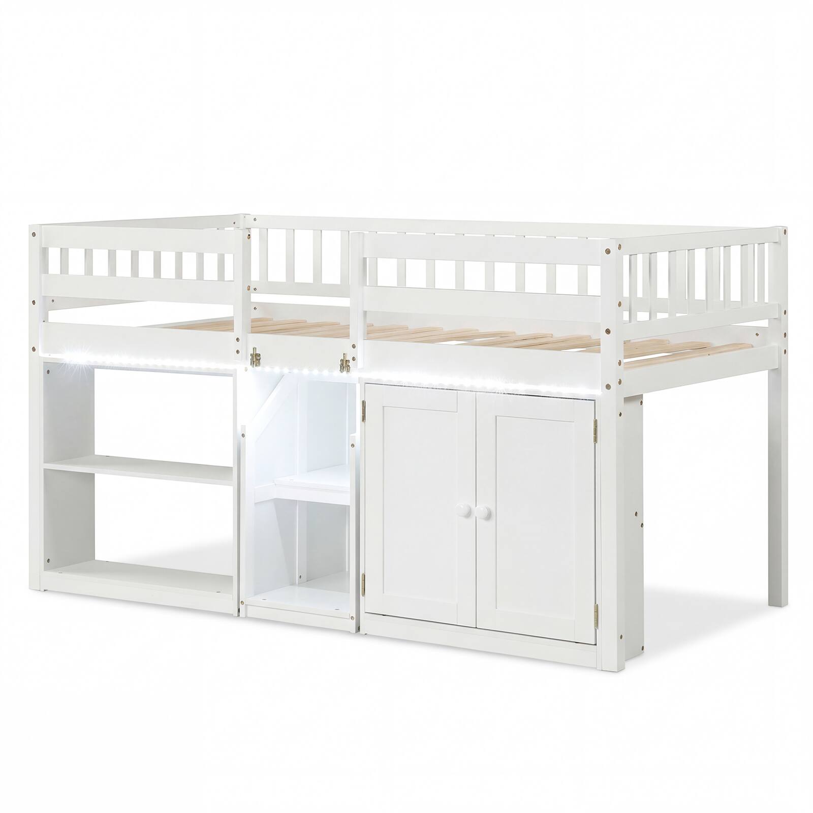 Front. Costway - Costway Low Loft Bed with LED Light, Stairs & Guardrails, Modern Wood Kids Twin Bed - White.
