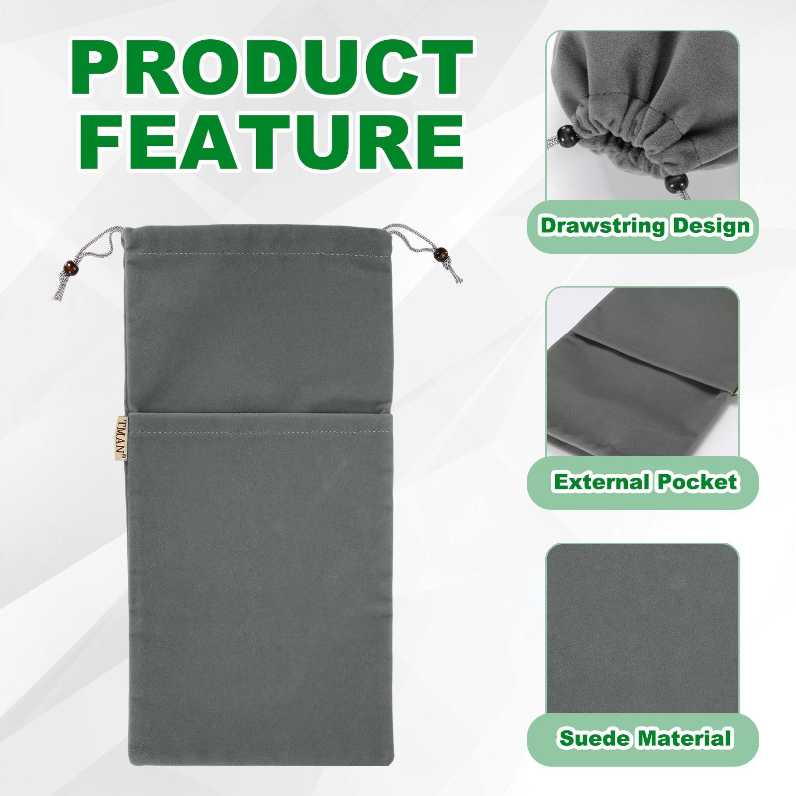 PRODUCT FEATURE

- Drawstring Design
- External Pocket
- Suede Material