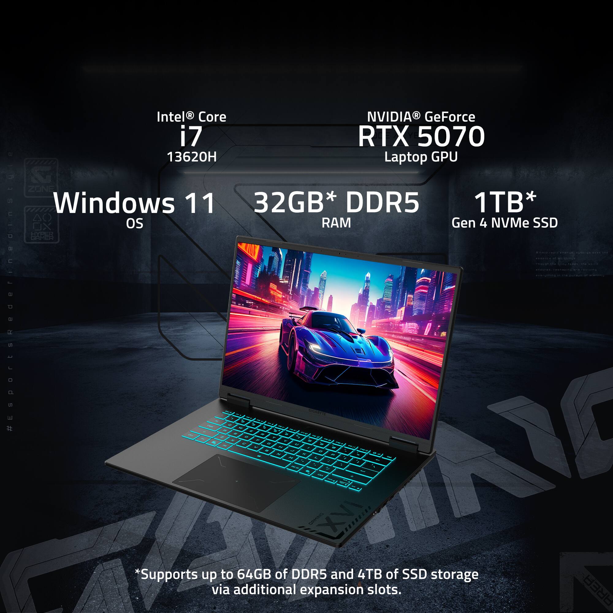 Intel Core i7 13620H  
NVIDIA GeForce RTX 5070 Laptop GPU  
Windows 11 OS  
32GB DDR5 RAM  
1TB Gen 4 NVMe SSD  

*Supports up to 64GB of DDR5 and 4TB of SSD storage via additional expansion slots.