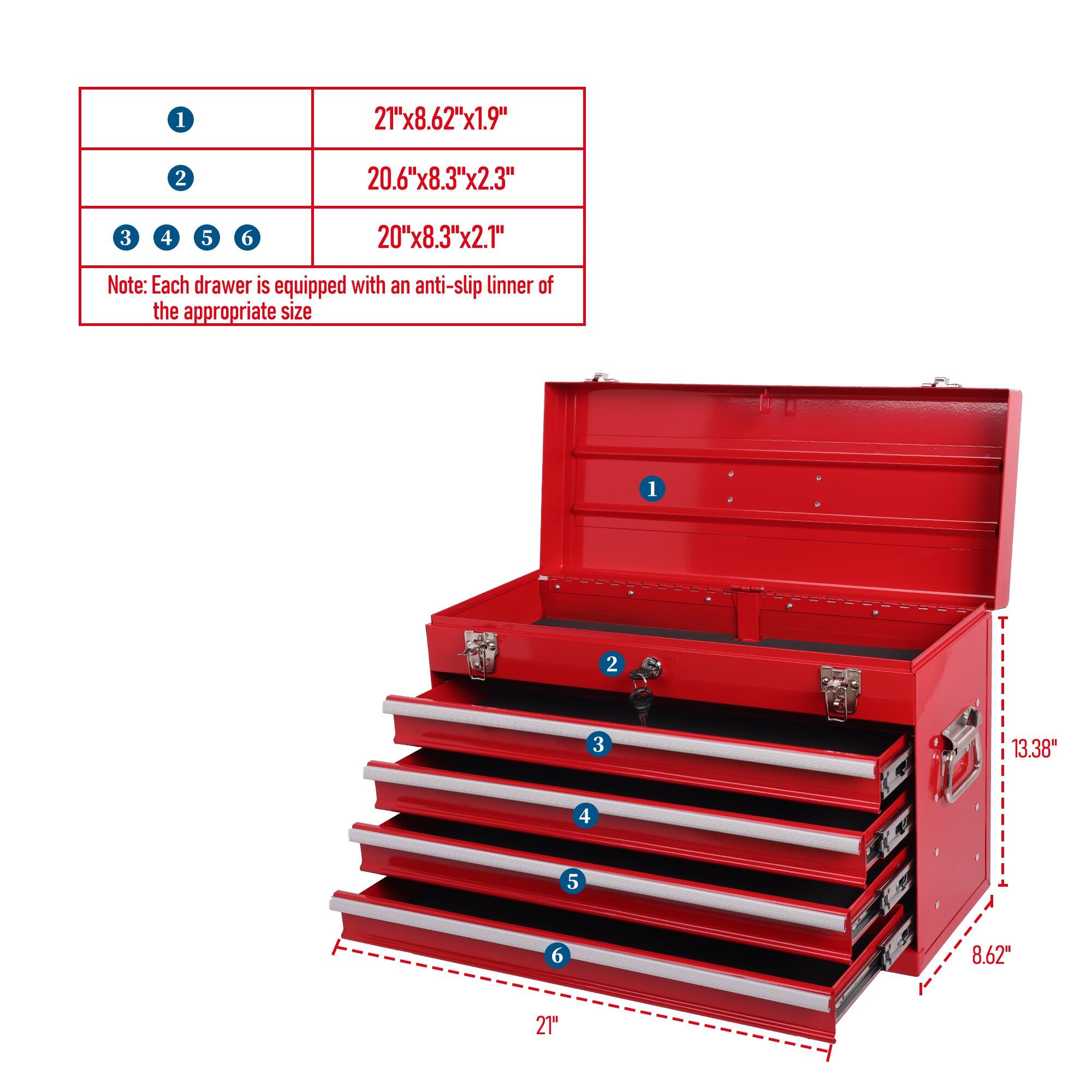 1. 21"x8.62"x1.9"
2. 20.6"x8.3"x2.3"
3. 20"x8.3"x2.1"

Note: Each drawer is equipped with an anti-slip liner of the appropriate size

1. T
2. 13.38"
3. 8.62"