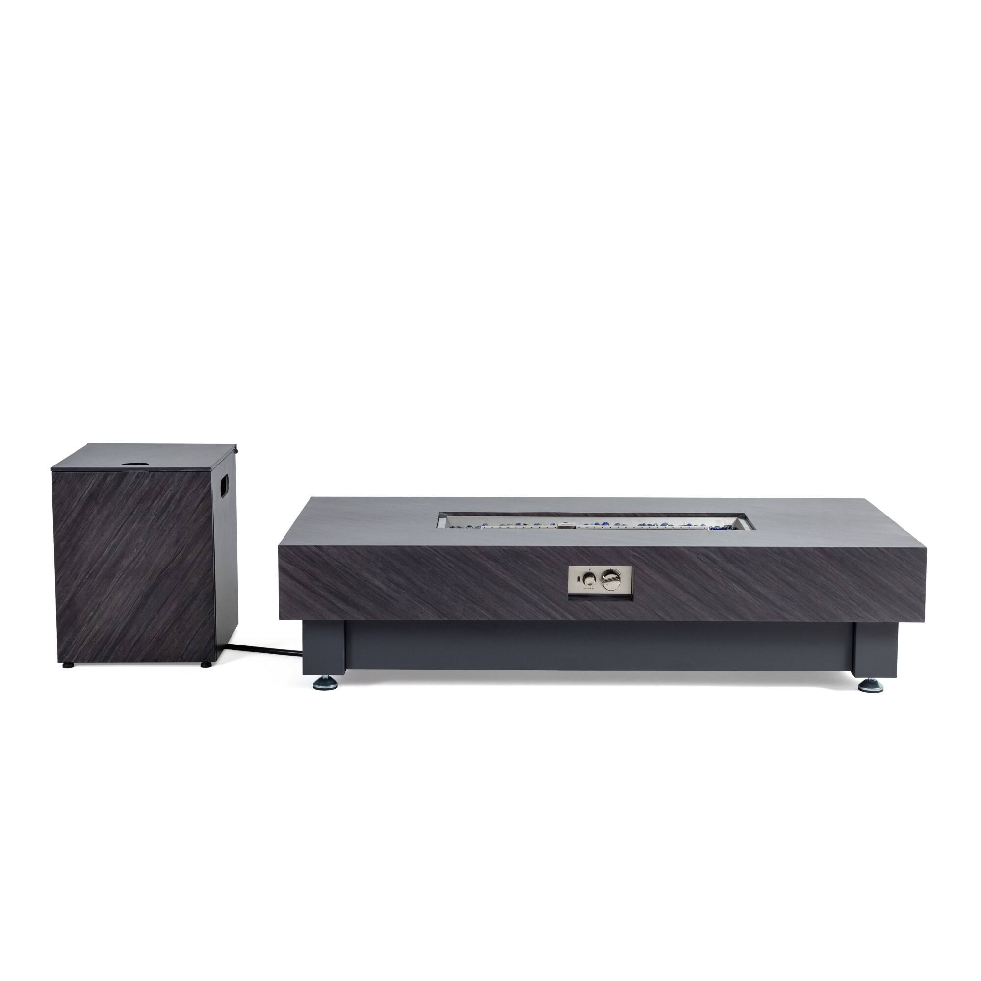 Left. PexFix - 60" Rectangular Propane Fire Pit Table, 60,000 BTU Outdoor Heater with Lava Rock Cove for Patio - Black.