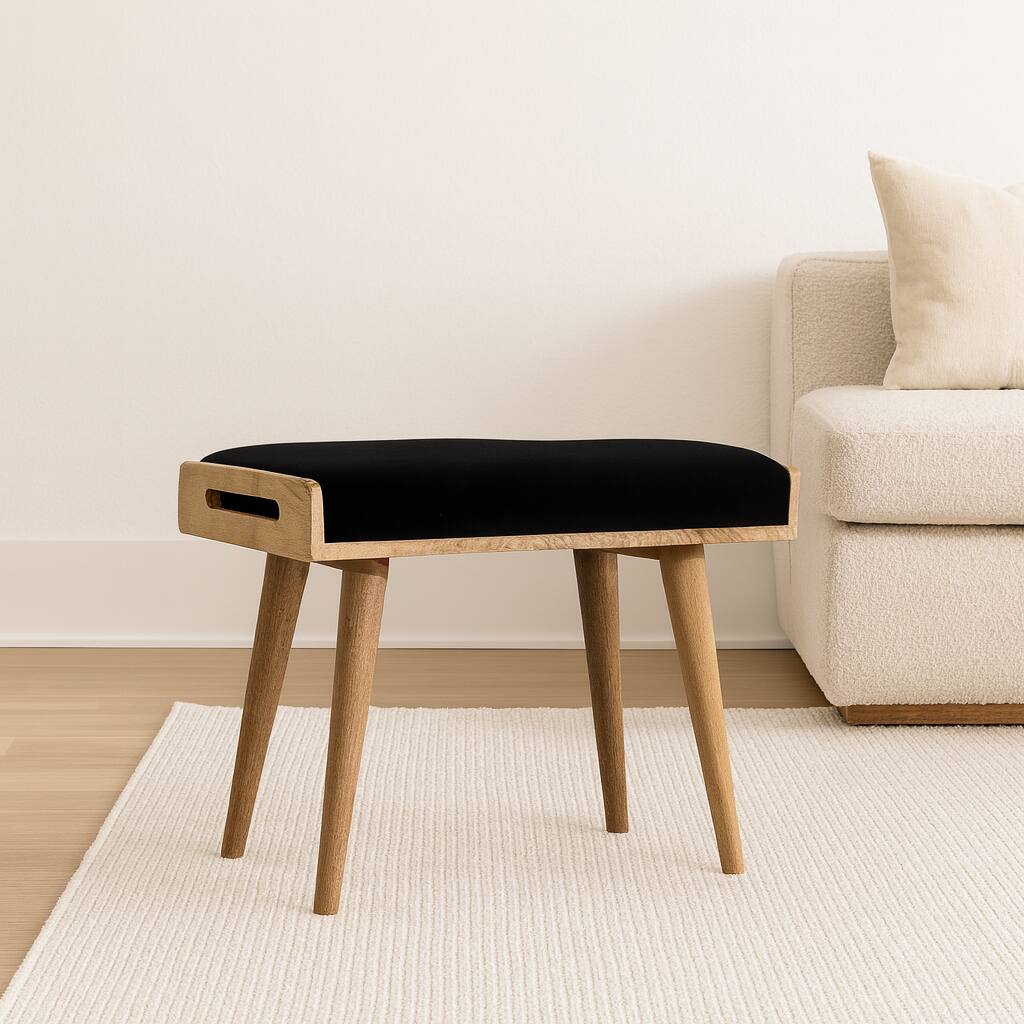 Alt View 2. Artisan Furniture - Artisan Furniture Solid Wood Black Velvet Tray Style Footstool, Upholstered, Black color - Brown & Black.