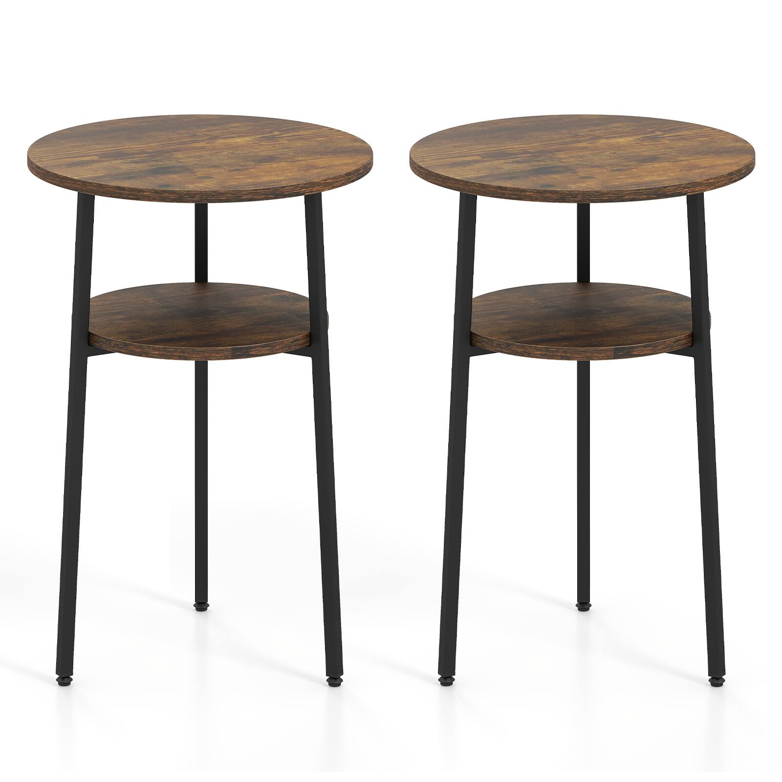 Alt View 9. Costway - Costway 2 PCS 2-Tier Round Side Table with Storage Shelf Metal Frame for Living Room Bedroom - Rustic Brown & Black.