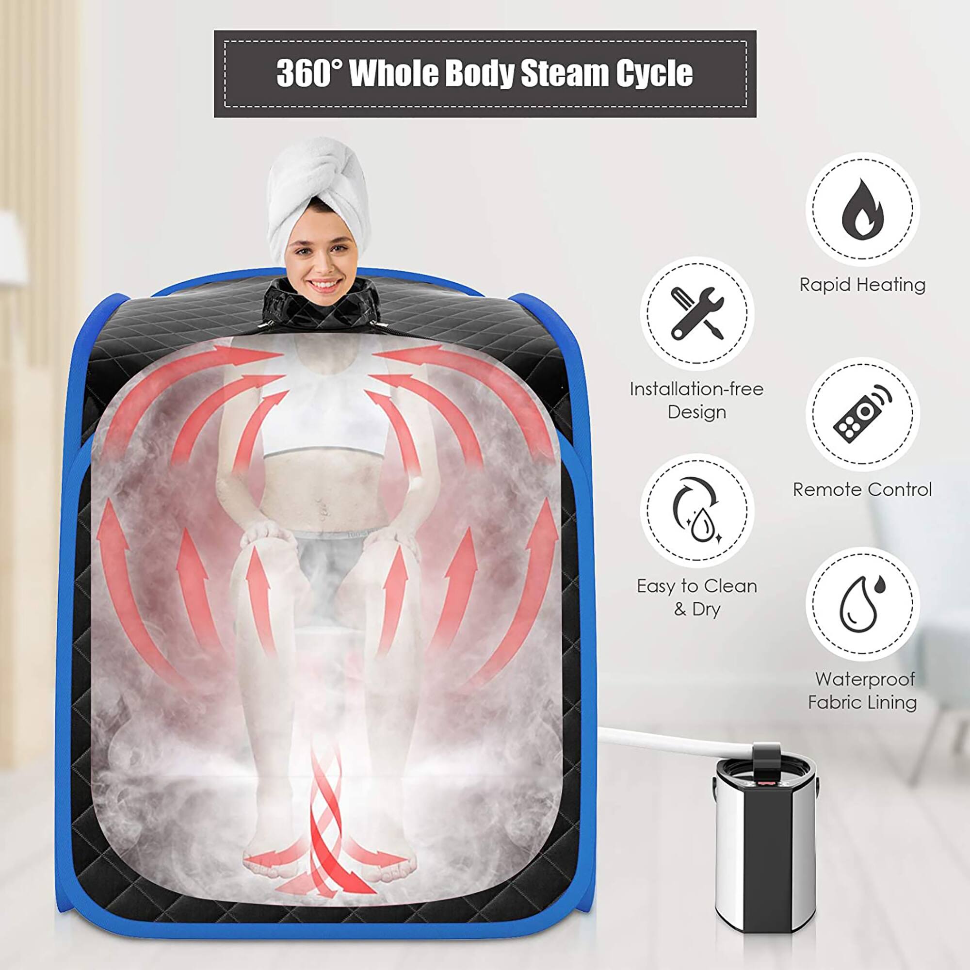 360 Whole Body Steam Cycle: Rapid Heating, Installation-free Design, Remote Control, Easy to Clean & Dry, Waterproof Fabric Lining.