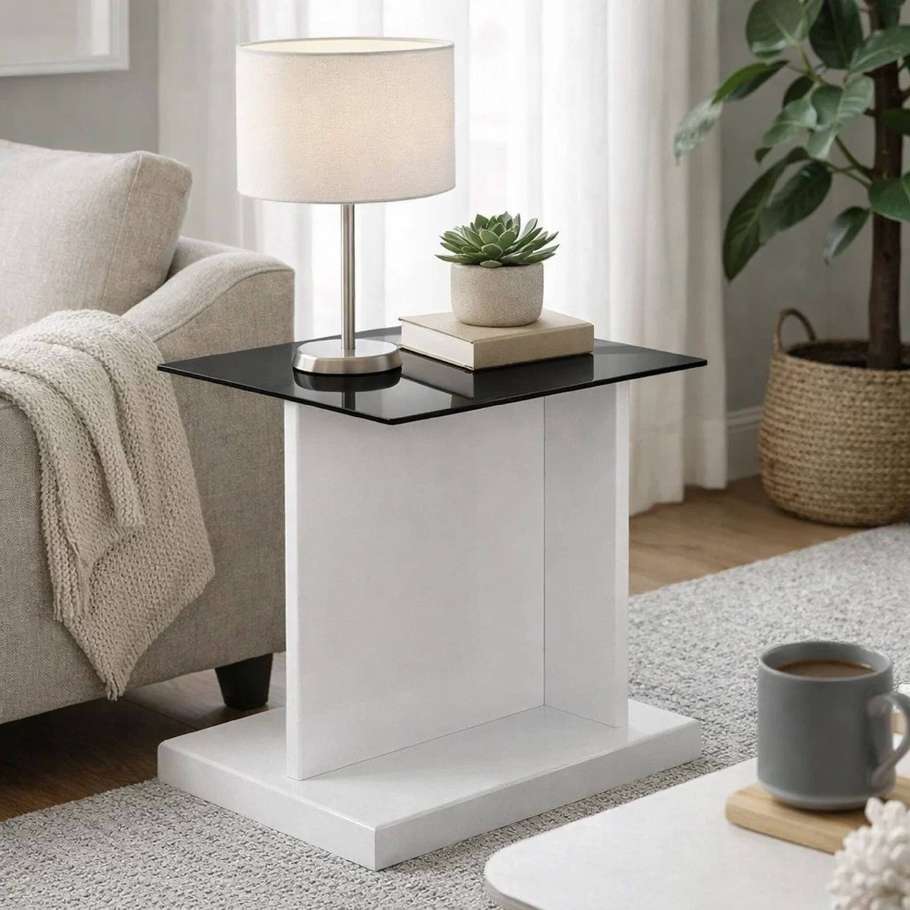 Alt View 5. Manhattan Lane - Liam 22 Inch Square Side End Table, White Wood, Pedestal Base, Glass Top - White, Black.