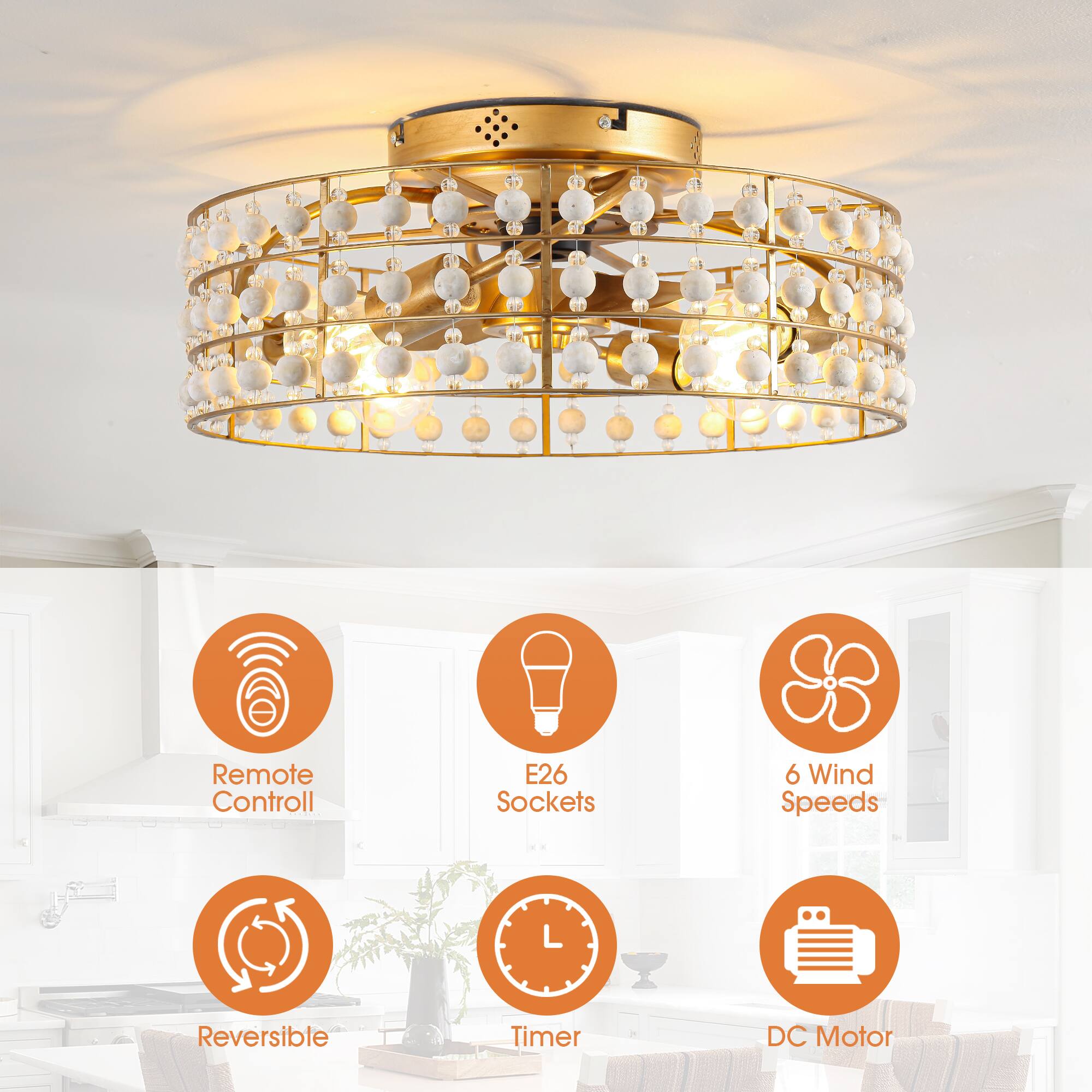 Remote Control  
E26 Sockets  
6 Wind Speeds  
Reversible  
Timer  
DC Motor