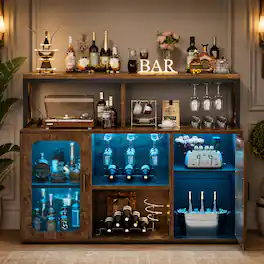 Aheaplus - Bar Cabinet with Power Outlets & LED Lights, Glass Holder, Wine Rack,Multi-functional Storage Buffet for Home/Kitchen - Rustic Brown