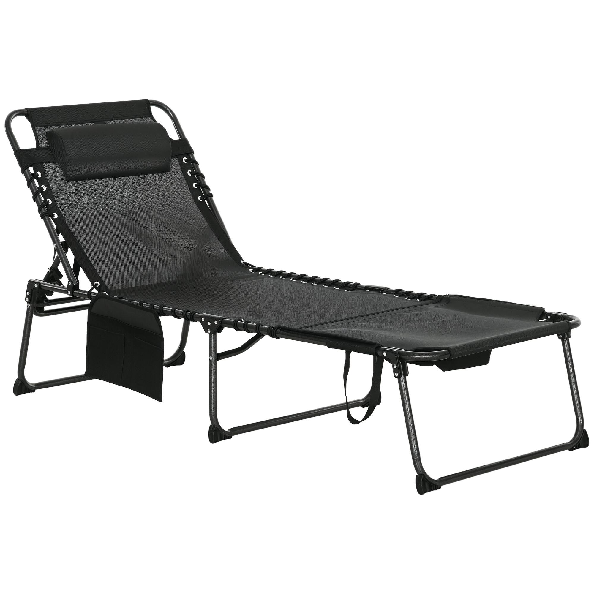 Outsunny - Chaise Tanning Lounge Chair w/ 5-level Reclining Back, Reading Hole, Side Pocket - Black