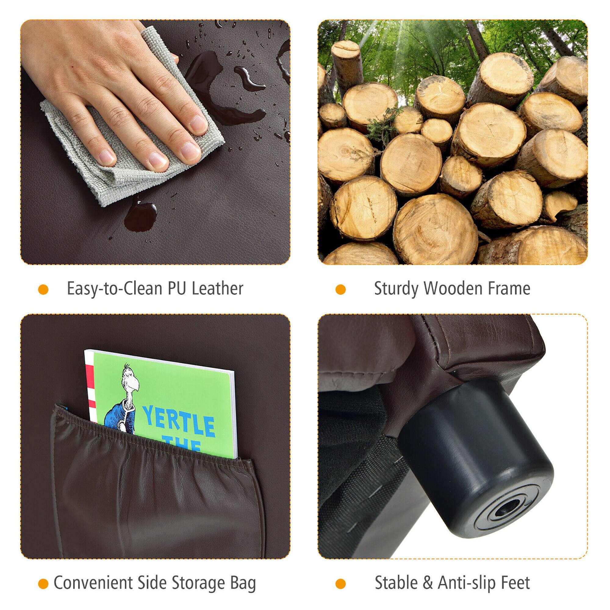 - Easy-to-Clean PU Leather
- Sturdy Wooden Frame
- Convenient Side Storage Bag
- Stable & Anti-slip Feet